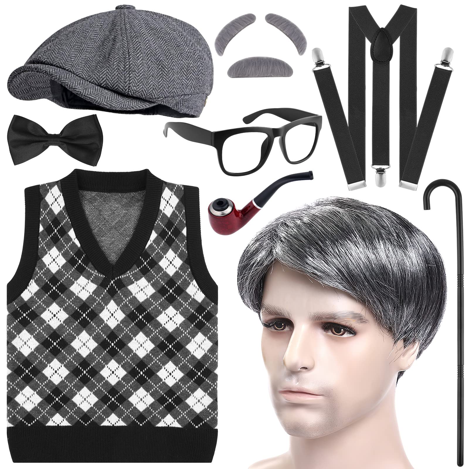 KUUQA 100 Days of School Costume for Boys 9 Pieces Halloween Old Man Costume Hat, Glasses and Grandpa Vest Set for Child