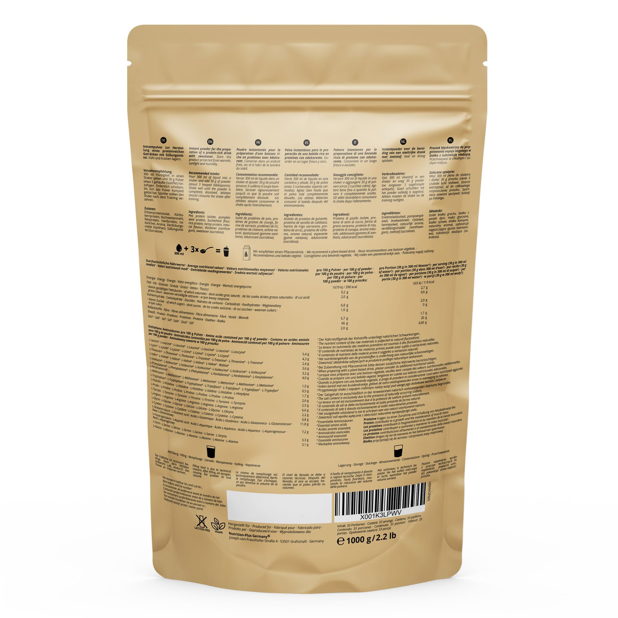 Nutri + Veganes Proteinpulver Vanille - Milk Away Vegan Protein ohne Soja 1 kg - 5k Eiweißshake aus Erbsen, Buchweizen, Hanfsamen, Reis & Kürbiskernen