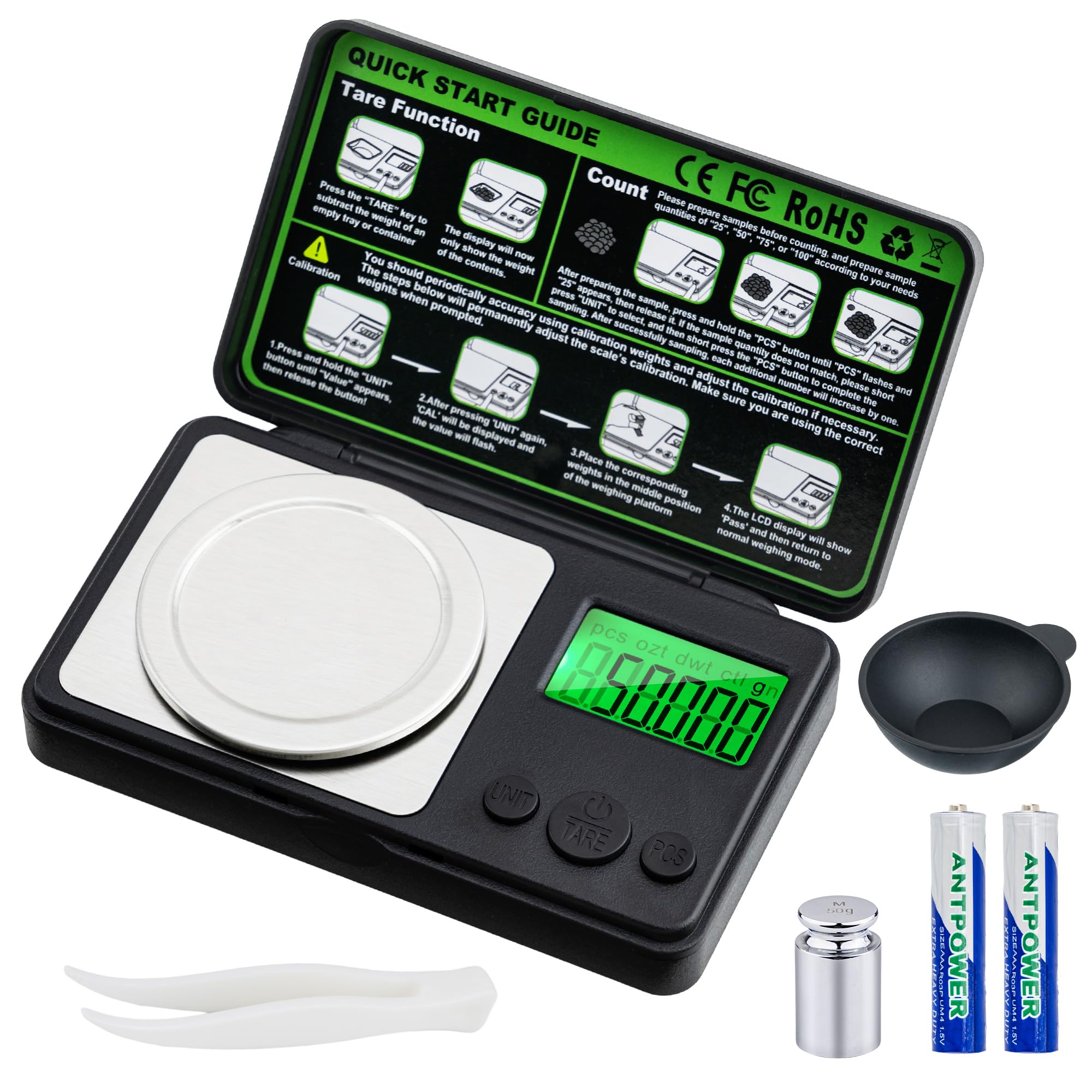 Báscula digital de miligramo de 1.76 oz x 0.00 oz, mini báscula de precisión con función de peso de tara, peso de calibración y pantalla LCD retroiluminada, microbáscula de bolsillo para