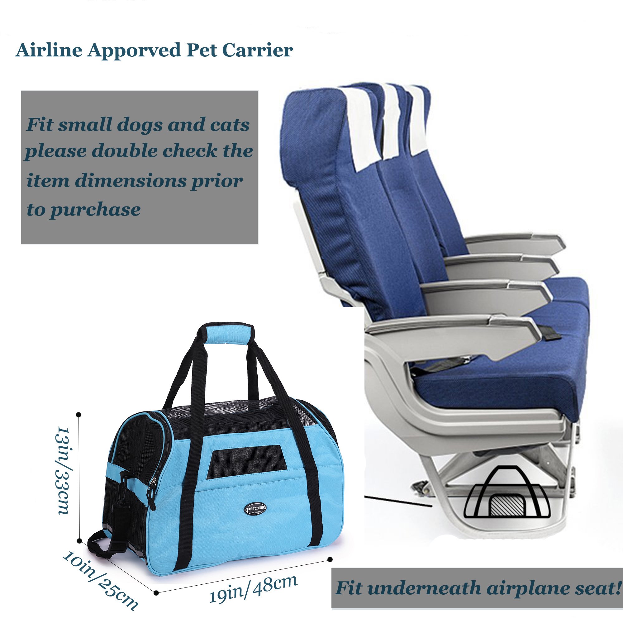 Cómodo Bolso de Hombro Portador de Viaje con Estera y Lados Suaves, Aprovado por la Aerolínea para Mascotas Perros y Gatos, Azul Claro
