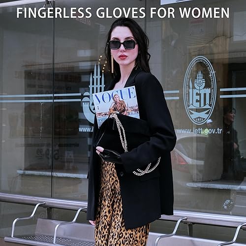 Miniatura 6 de OurHonor Guantes negros sin dedos para hombres y mujeres, guantes de cuero sintético de Halloween, medio dedo, para conducción, disfraz deportivo