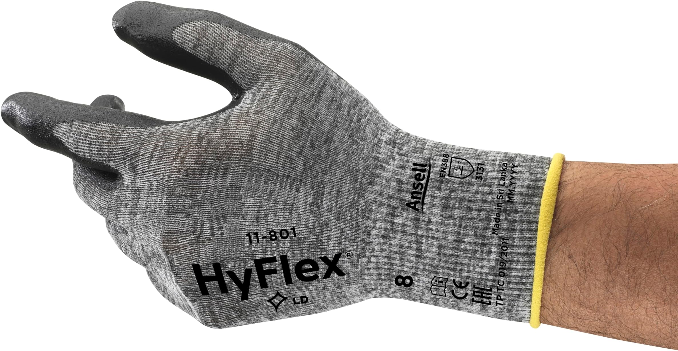 Ansell HyFlex 11-801 Professional Work Gloves, Abrasion Resistant Nitrile Coating with Firm Grip, Multipurpose Protection Gloves, Mechanical and Industrial Safety, Grey, Size L (12 Pairs)