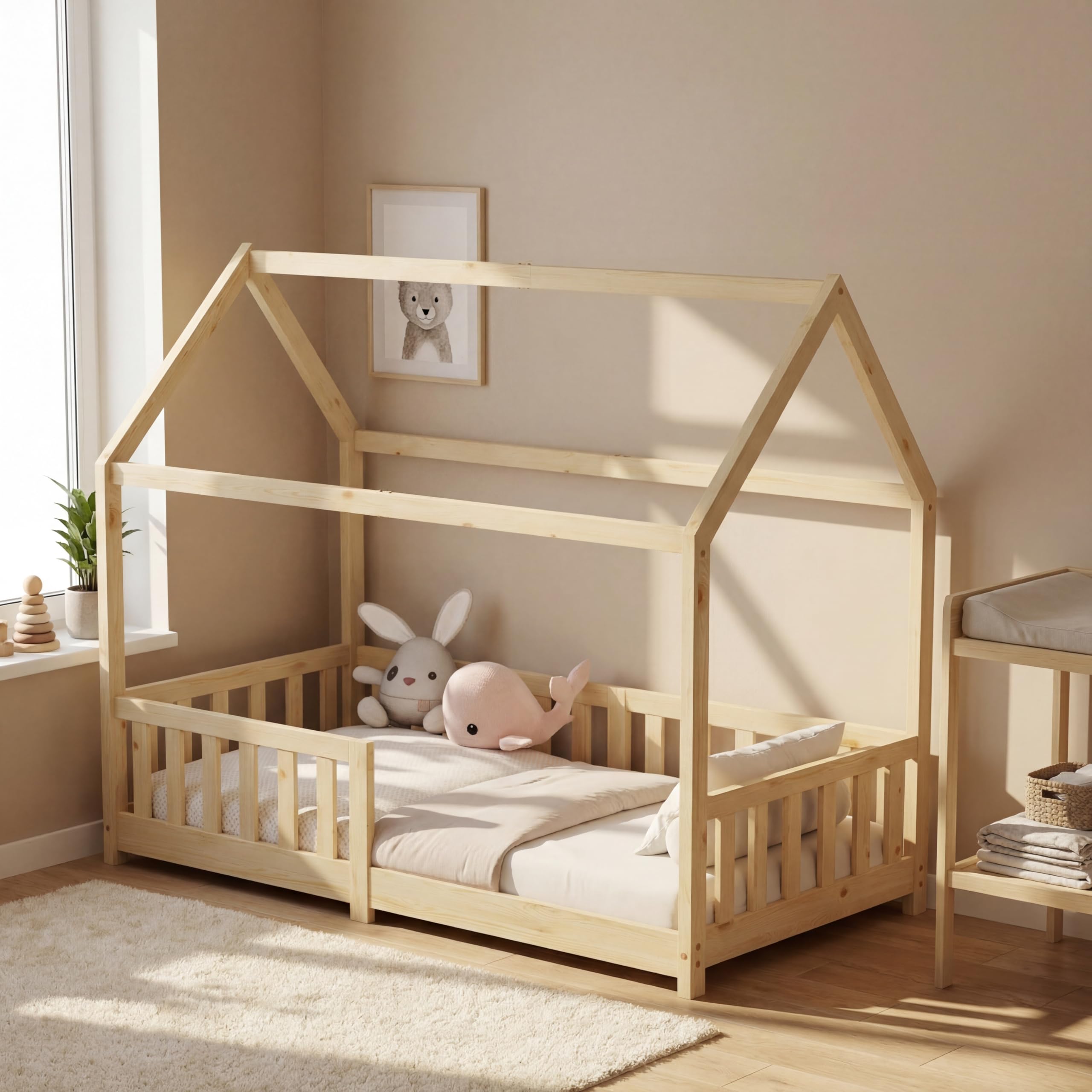 ecomi® Kinderbett 90x200 Bodenbett Kinder Bett Hausbett mit Rausfallschutz und Lattenrost für Kinder Kinderbetten für Mädchen und Jungen Massivholz Kiefer in Natur