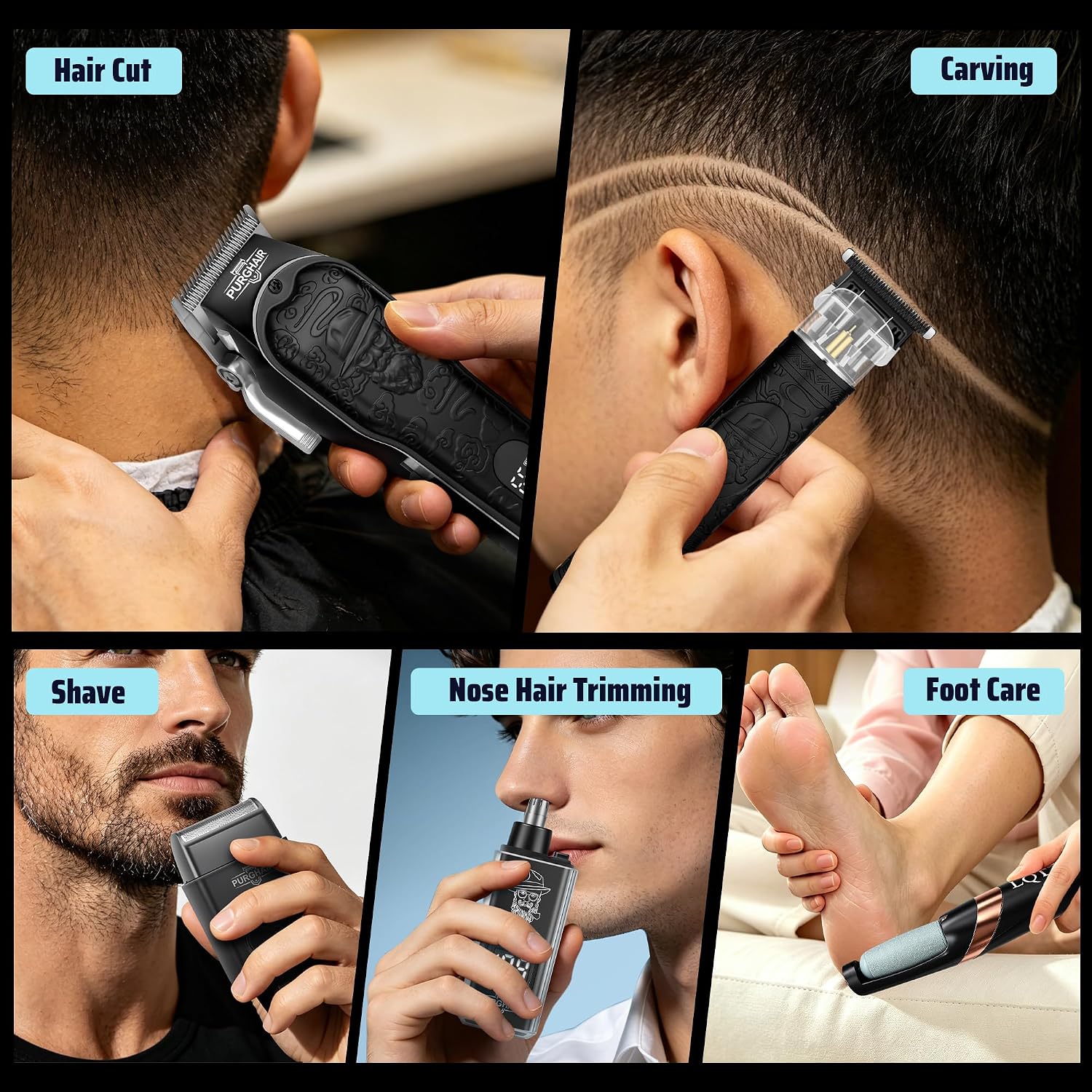 Cordless Hair Clippers Kit for Men, Beard Trimmer, T-Blade Detailer, Electric Shaver & Nose Trimmer, Rechargeable Barber Kit with LCD Display for Hair, Beard & Body
