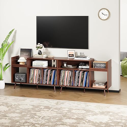 Miniatura 9 de RARZOE Soporte grande para tocadiscos, soporte de exhibición de discos de vinilo de mediados de siglo, soporte para tocadiscos con almacenamiento,