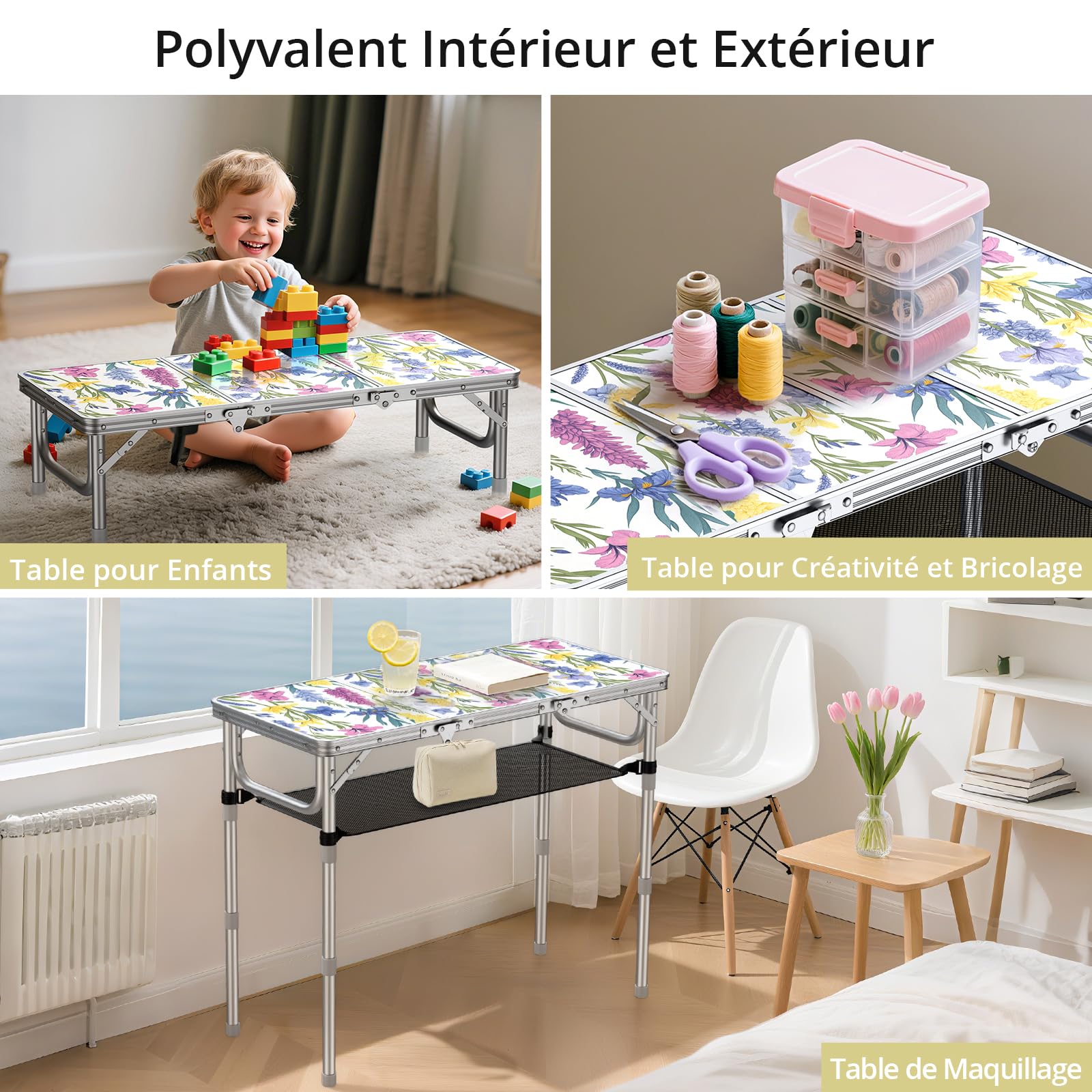 Anbte Table de Camping Pliante, Pique-Nique Table Pliante avec Rangement Net Table Portable 3 Hauteur en Aluminium+MDF pour Extérieur/Intérieur Plage Camping (Fleur)