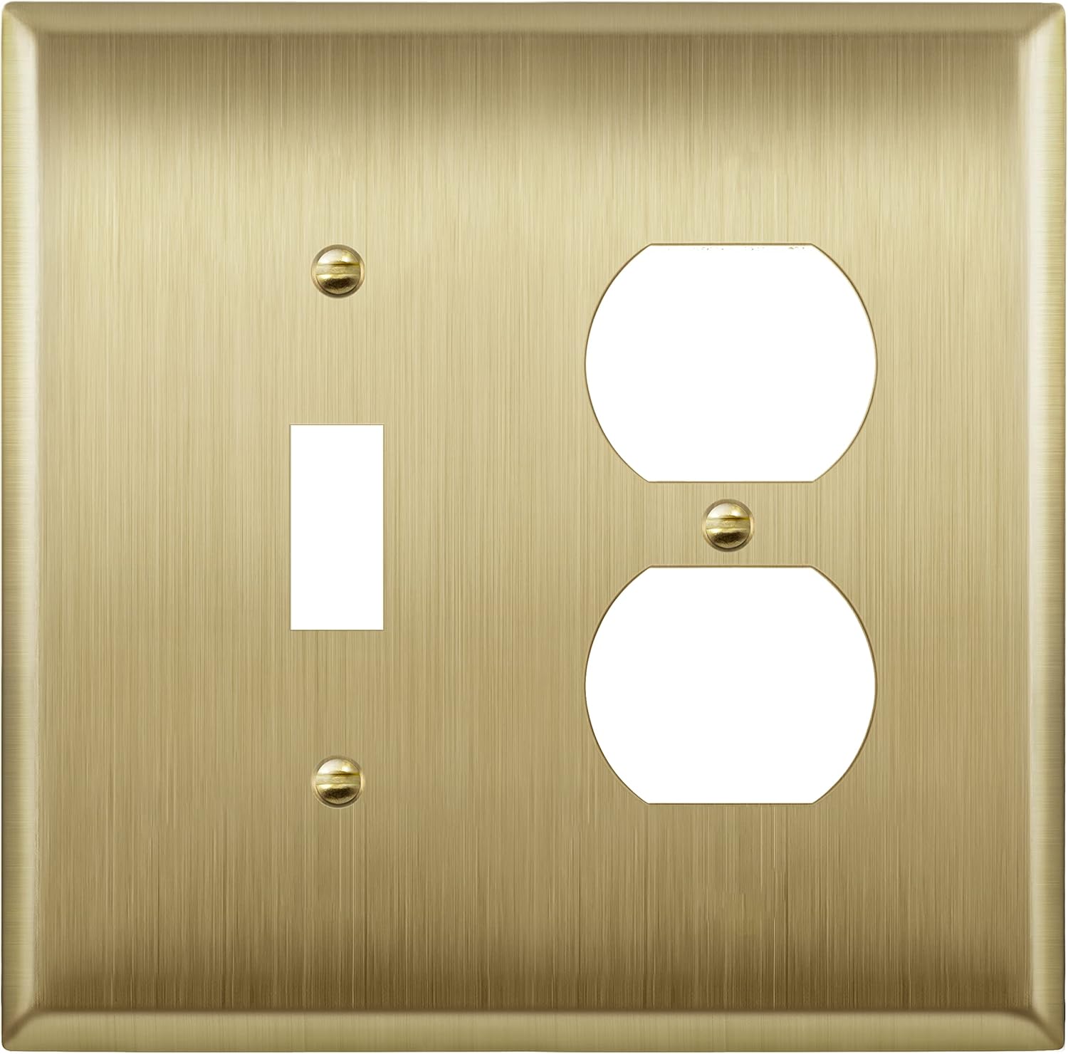 LIDER Combination Toggle Switch and Duplex Receptacle Metal Wall Plate, Corrosion Resistant, Mid-Size 2-Gang 4.88" x 4.92", Stainless Steel, LMWP-1121M-BB, Brushed Brass