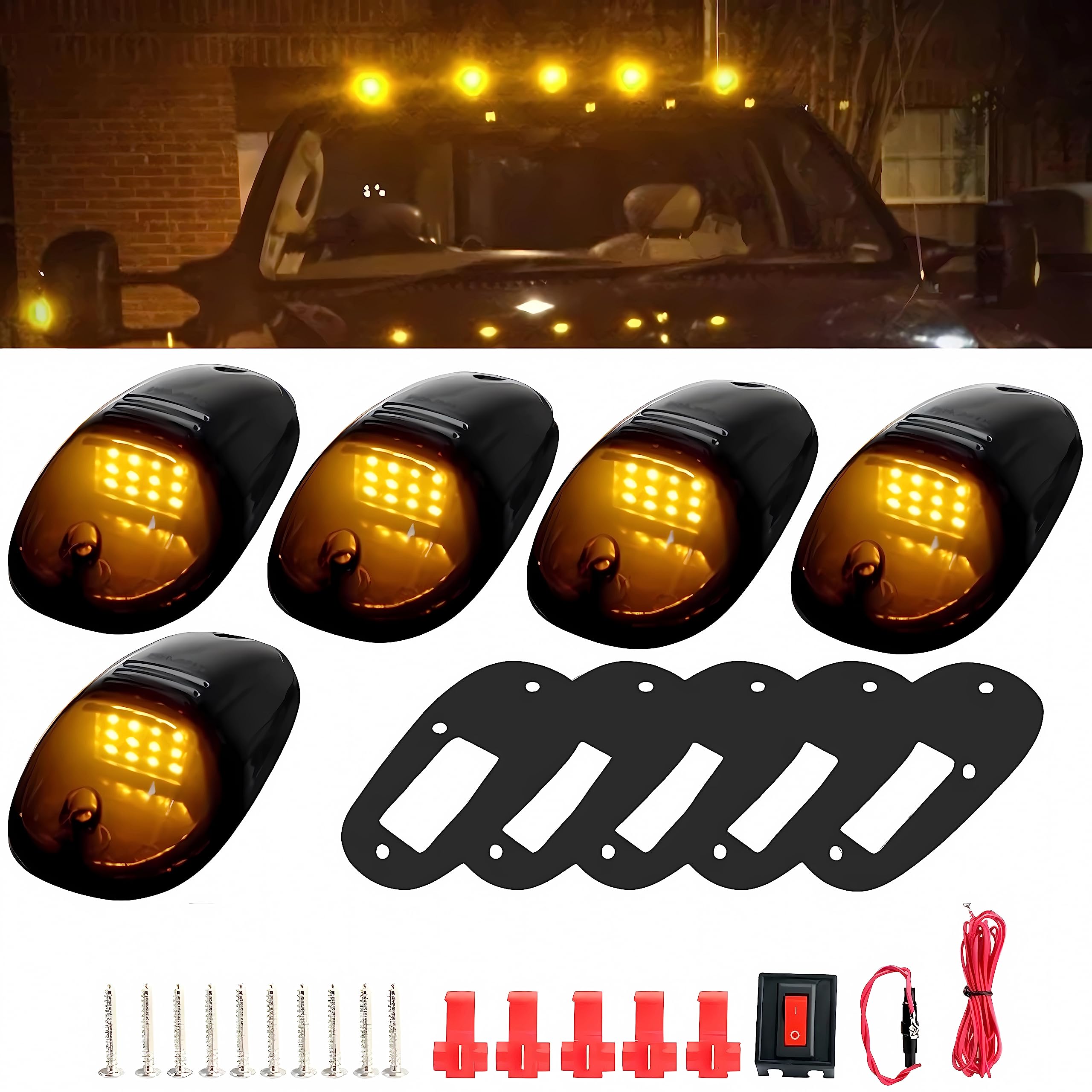 MARLBSTON 5 X Cab Marker Light, Compatible with 2003-2018 Dodge Ram 1500 2500 3500 4500 5500 Pickup Trucks Smoke Lens Amber LED Housing Cab Roof Running Lights, Top Clearance Light w/Wiring Pack