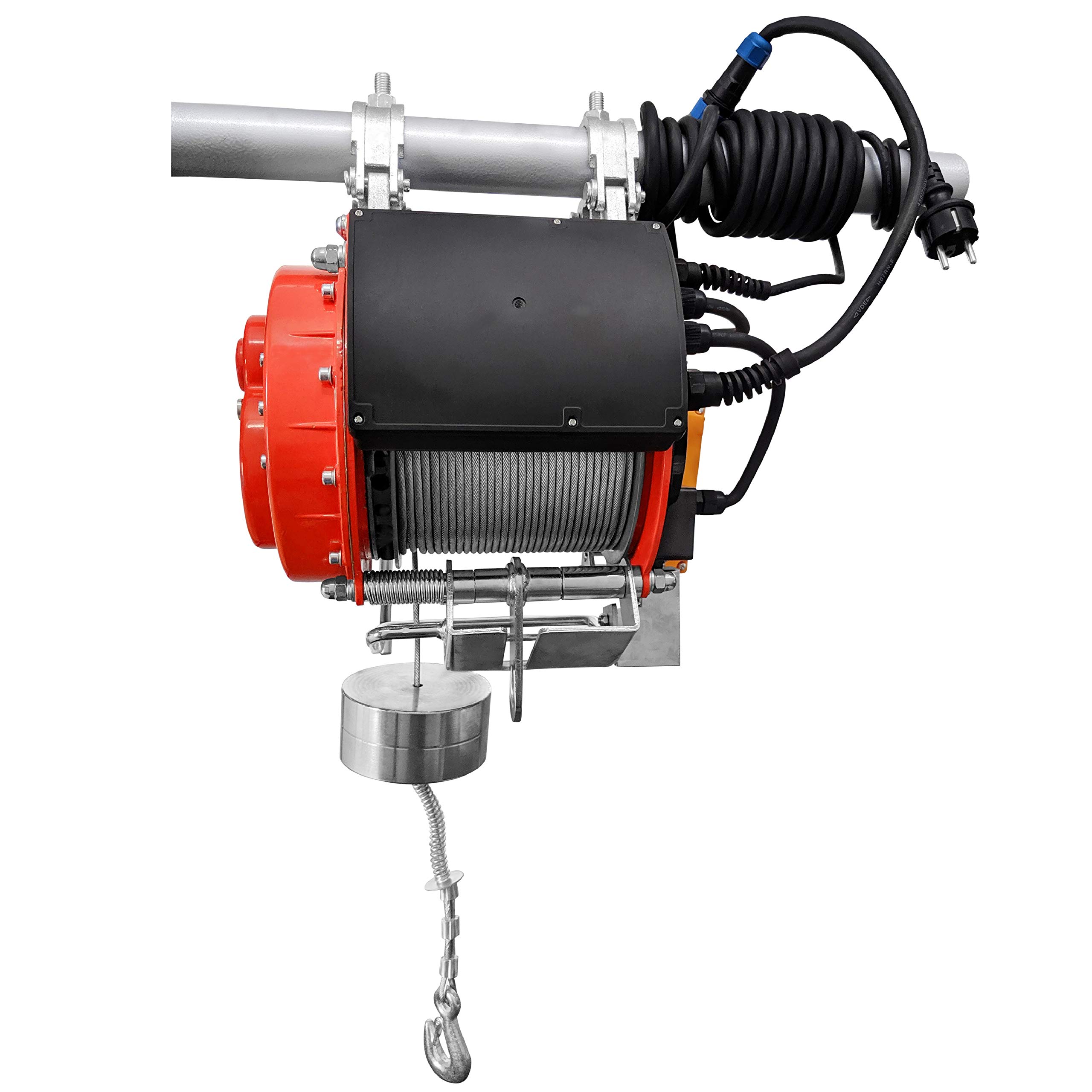 CROSSFER HXS-800YT - Cabrestante eléctrico (800 kg, 32 m, cable de acero extralargo, mando a distancia con 5 metros de cable de control, freno automático e interruptor final)