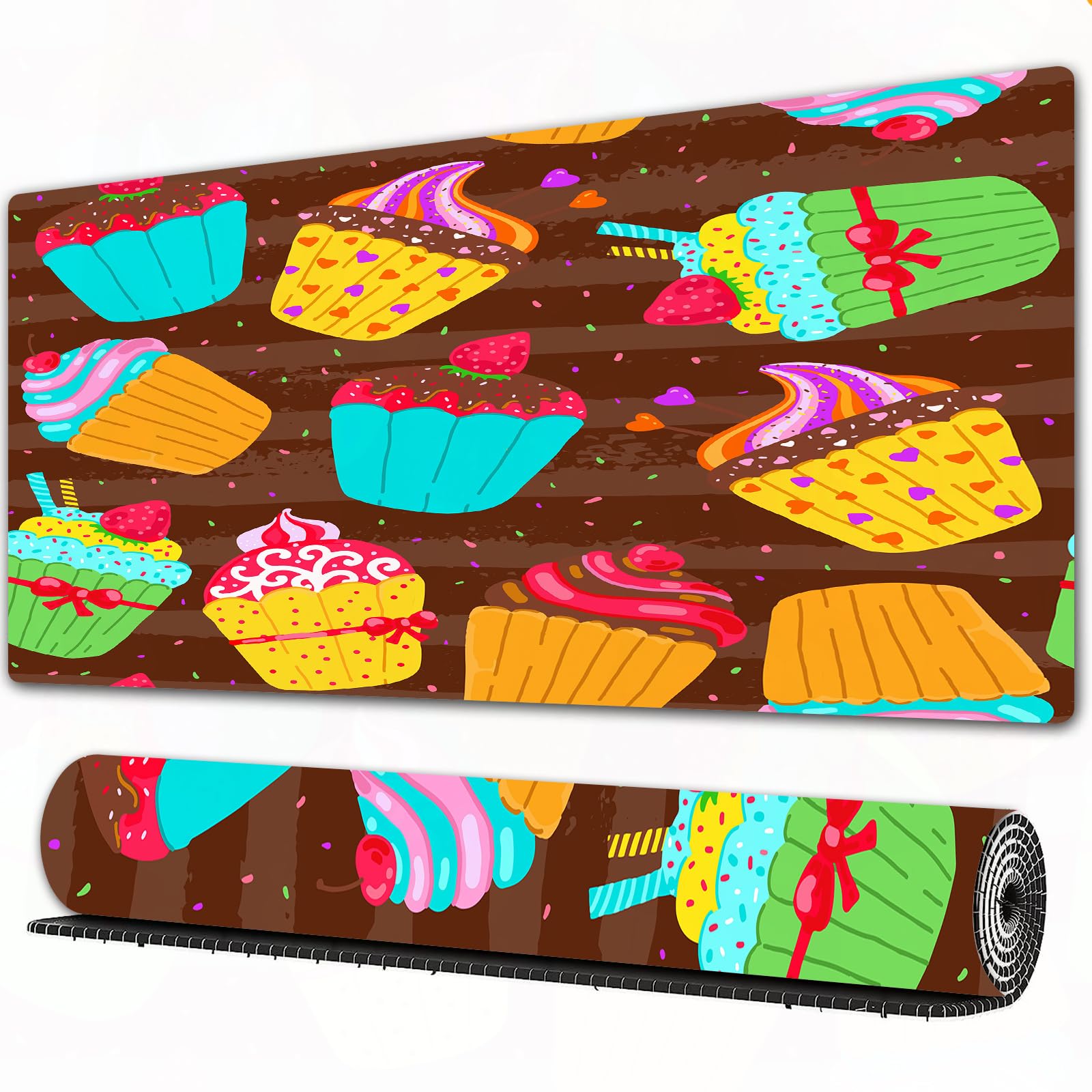 EOMKSEMouse Pad Gaming Large Desk Pad Washable Mouse Pad Laptop Desk Mat,Seamless pattern with cupcakes on a chocolate background. Hand drawn vec,Home Mouse Pad with Anti-Slip Rubber Base,16x29.5 in