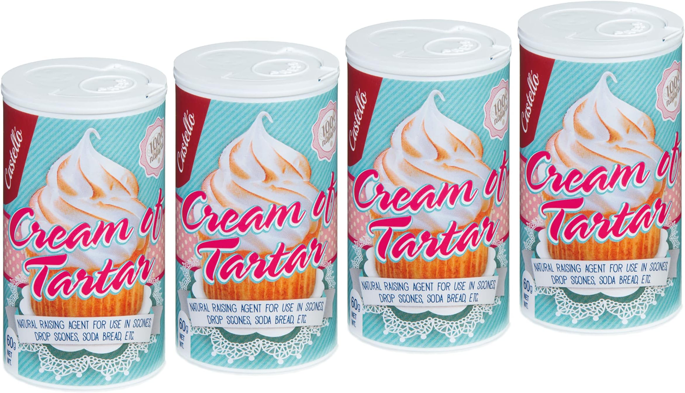Castello since 1907 Cream of Tartar 4 x 60 g = 240 g - 100% Natural from Grapes - Natural Substitute for Baking Powder - Gluten Free - Phosphates free - Keto and Paleo - Non-GMO