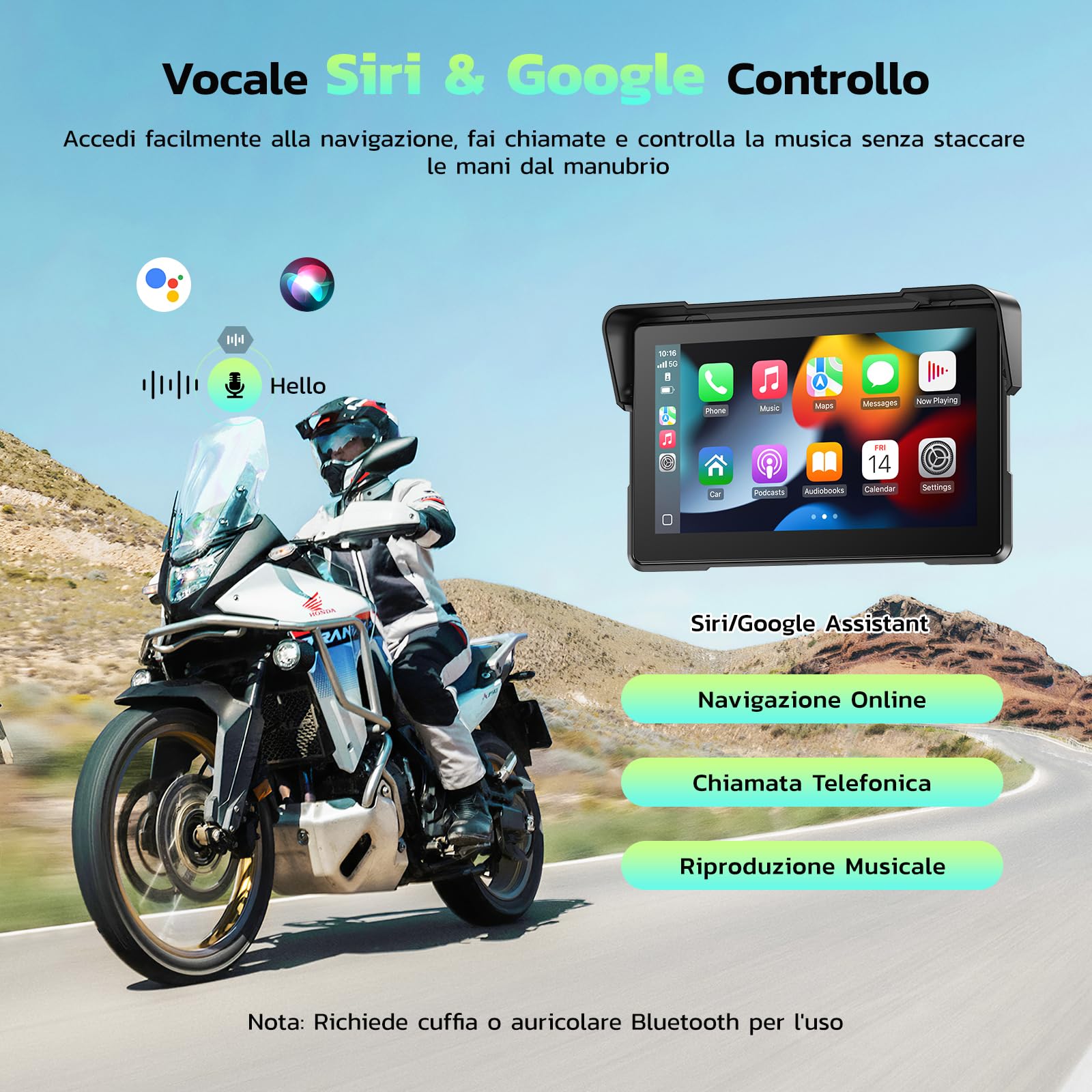 LAMTTO 7" Motorrad CarPlay & Android Auto Bildschirm, IP67 Ganzkörper Wasserdicht GPS Navigation für Motorrad, Bluetooth Siri/G00gle Assistente