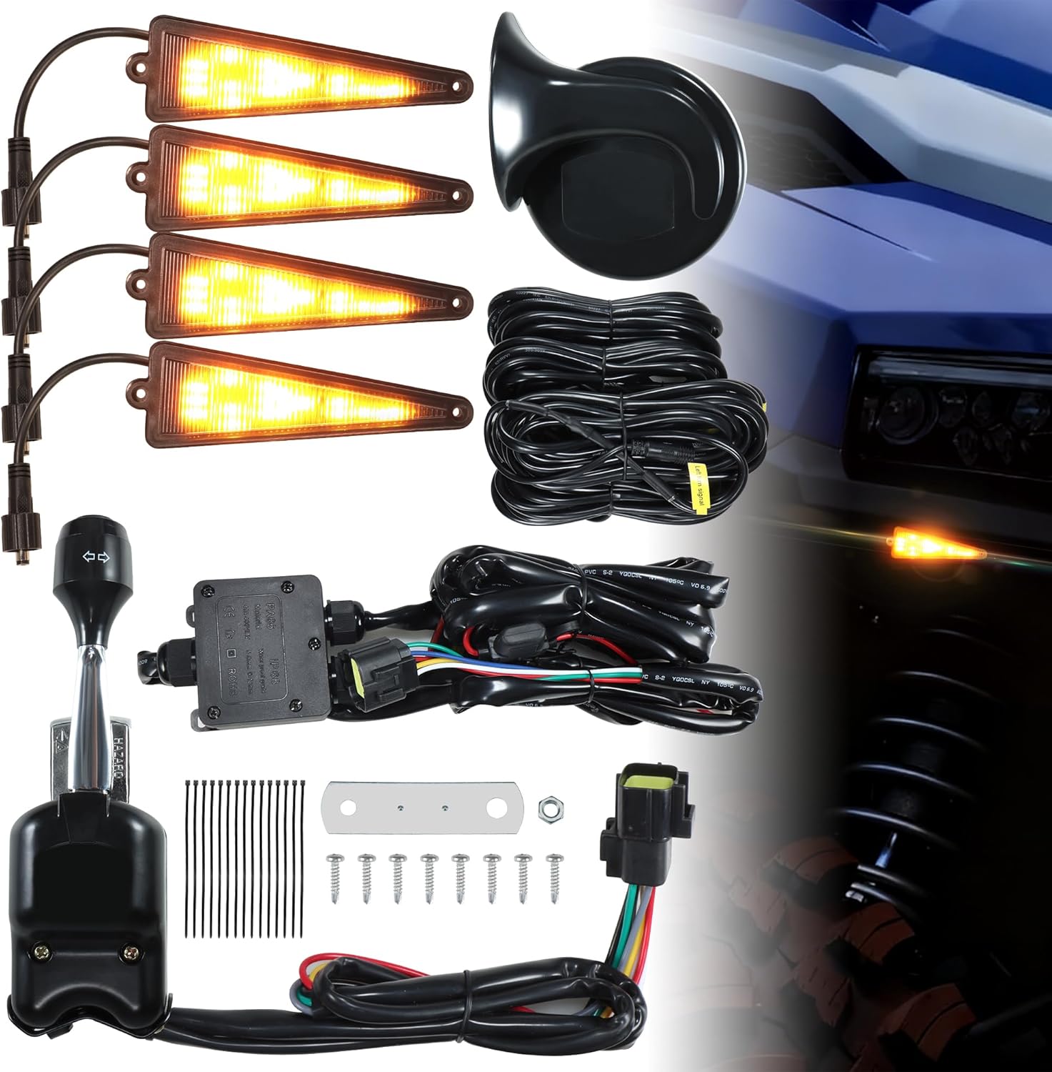 UTV Turn Signal Kit, Plug and Play with 12V Horn, Pre-Wired, UTV ATV Blinker with Column Switch, 4 Triangle Universal Street Legal Turn Signals Compatible with Polaris, Pioneer, Can-Am, CFMOTO