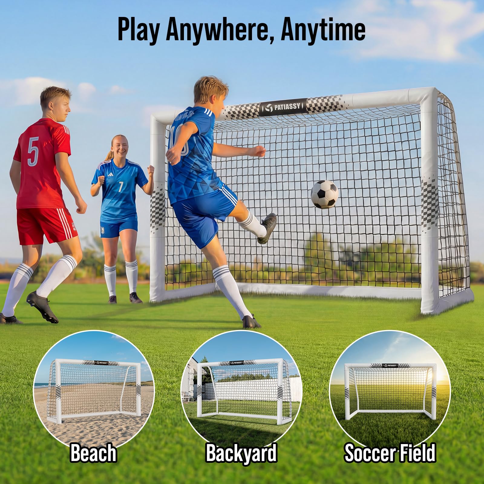 Fußballtor für den Garten, 240 x 160 cm, robustes Fußballnetz mit sicherheitsgepolsterten Metallpfosten, langlebiges Tor mit Trainingsset (Leiter und 12 Hütchen) für Kinder, Jugendliche und Erwachsene