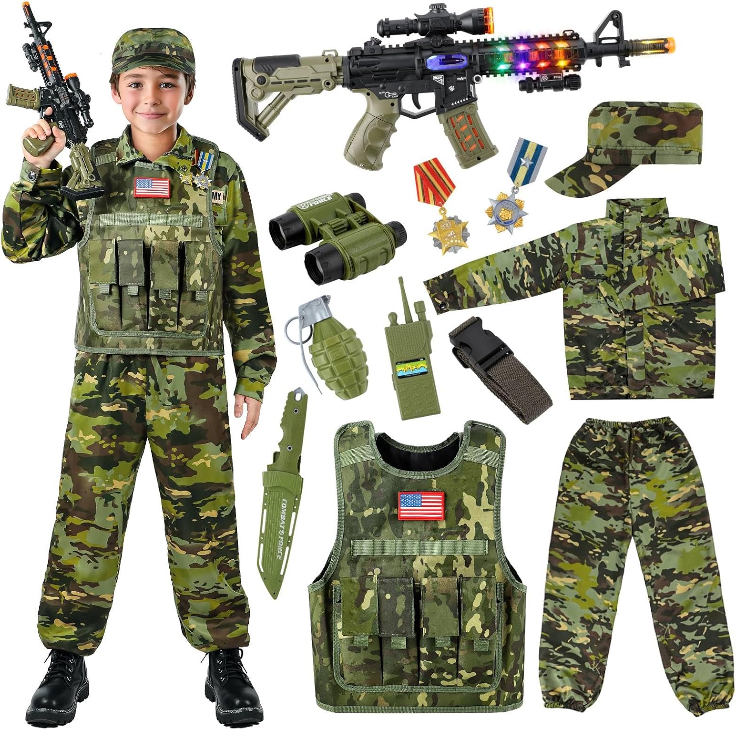 Kids Army Costume for Boys, Military Soldier Costume with Army Toys, Boys Halloween Costume with Vest Solider Boy S(3-5y Ht.39-45in)