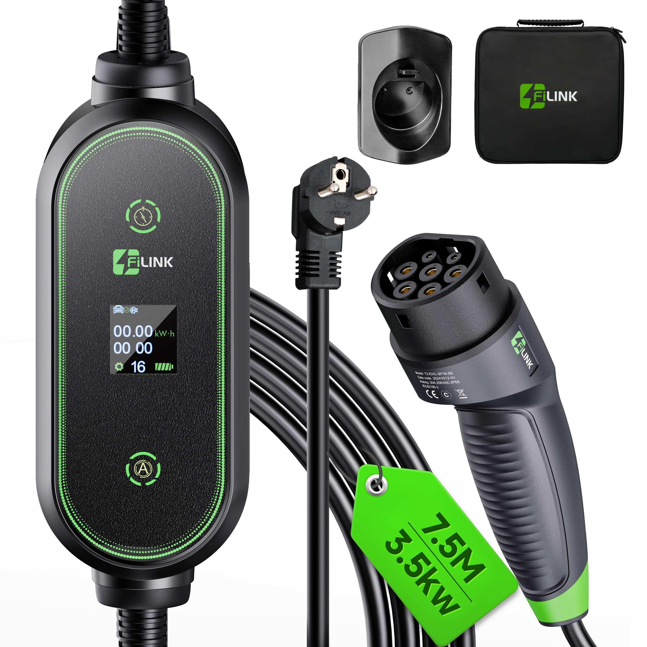 Colonnina Ricarica Auto Elettrica 3.5kW - Cavo Tipo 2 Da 7.5m, 6-16A, LCD, Per Tesla Model Y E Altri - Foto 10