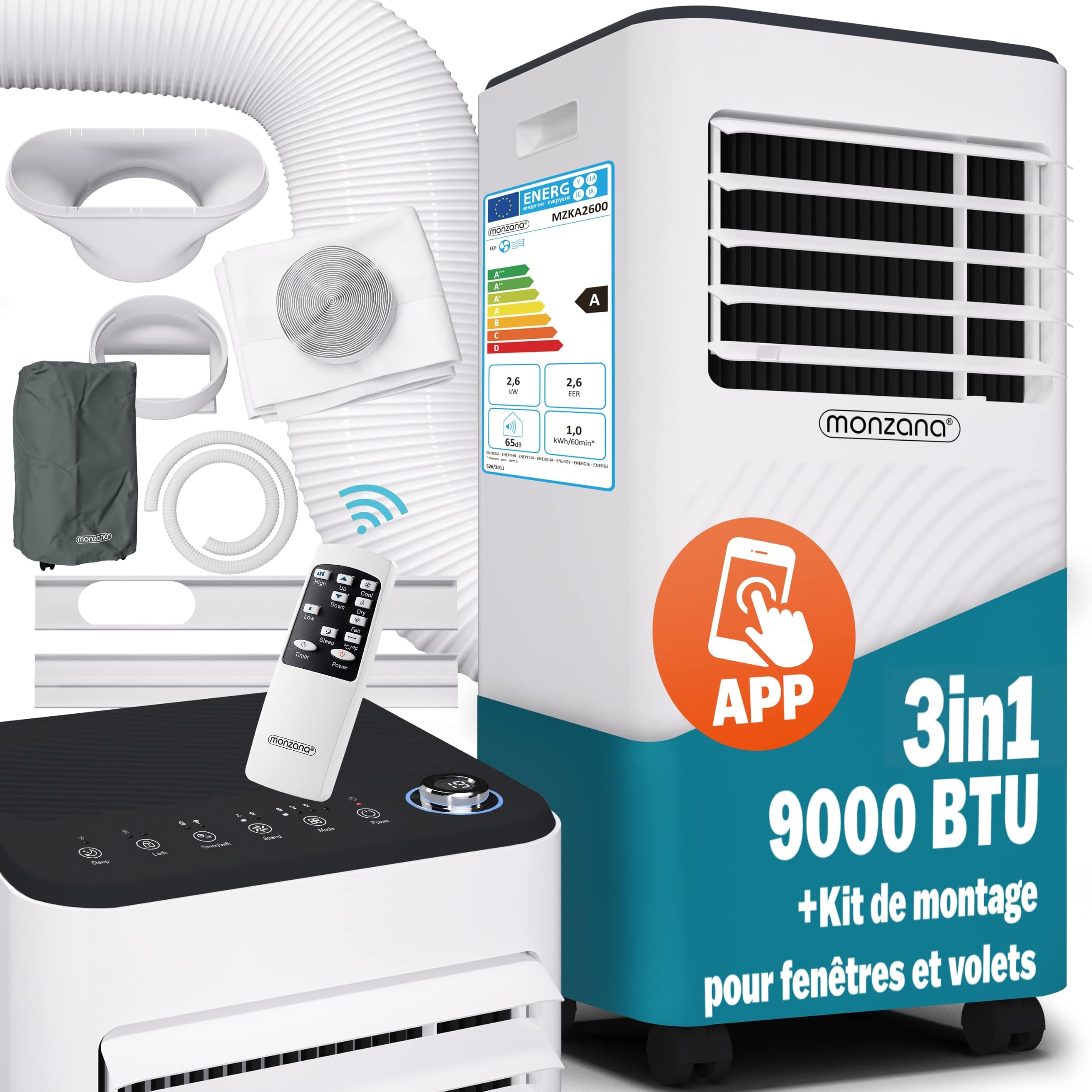MONZANA® Climatiseur Mobile 9000 BTU (30 m²) - Clim Portable Puissante & Silencieuse 3-en-1 : Refroidissement Rapide, Déshumidificateur, Ventilateur - WiFi, Minuterie 24h, Télécommande, Kit Fenêtre