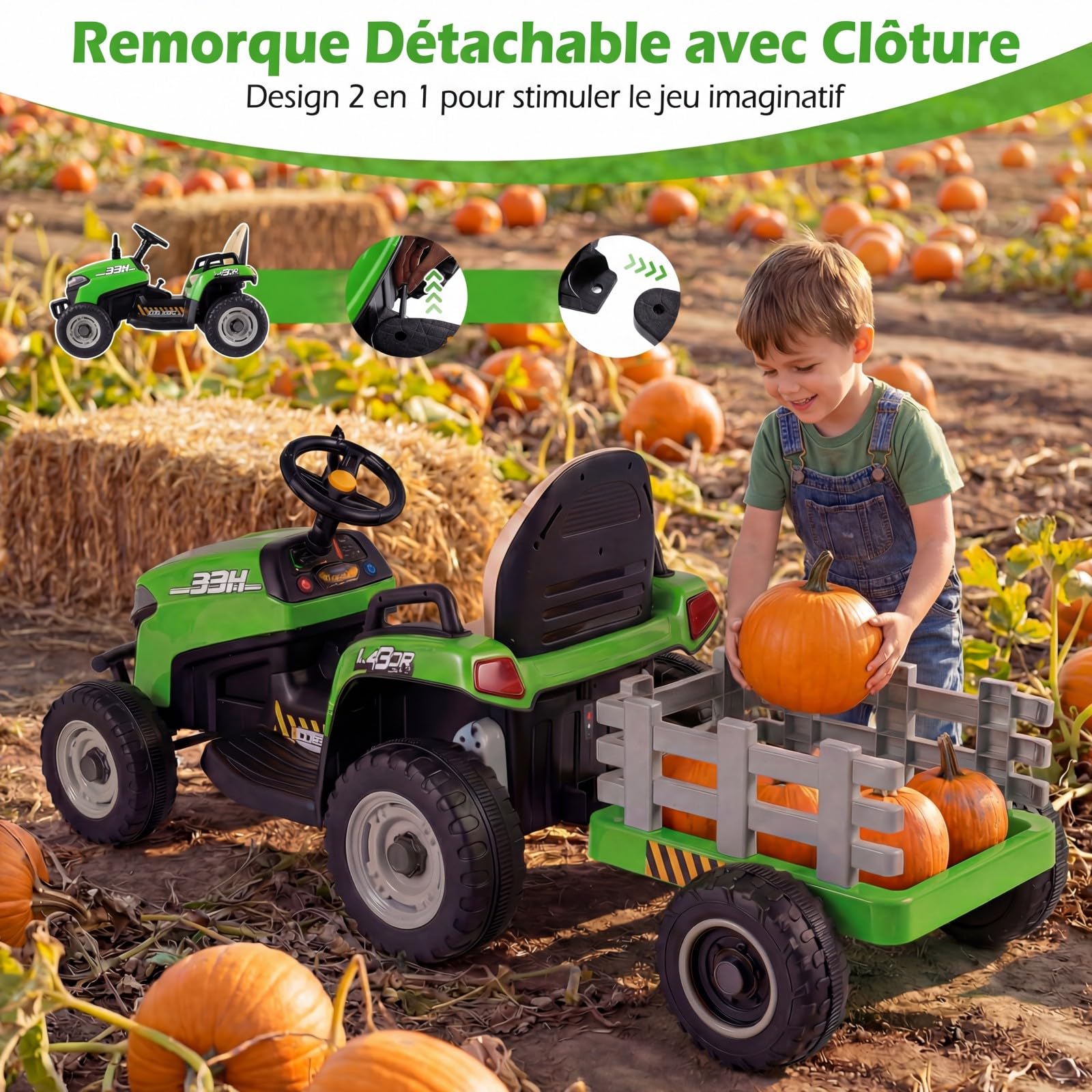 COSTWAY 24V Tracteur Électrique Enfant avec Remorque Amovible et Basculante, Voiture Électrique avec Télécommande 2,4G & Phares LED, Musique, 3,2-7 km/h, Démarrage Lent, Charge 30 kg, 3 Ans+ (Vert)