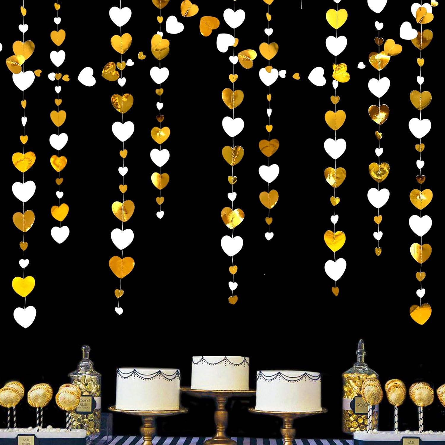 White Gold Heart Garland Hanging Paper Love Heart Streamer Banner for Baptism Engagement Anniversary Valentines Day Birthday Bachelorette Mothers Day Wedding Bridal Shower Party Decorations Supplies - Image 5