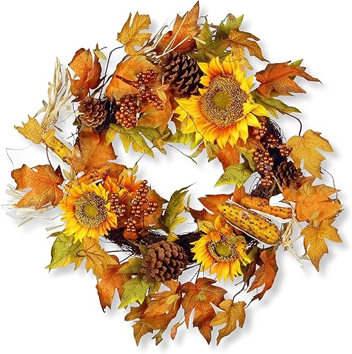 National Tree Company Corona artificial de otoño, decorada con girasoles, piñas, racimos de bayas, mazorcas de maíz, hojas de arce, colección de
