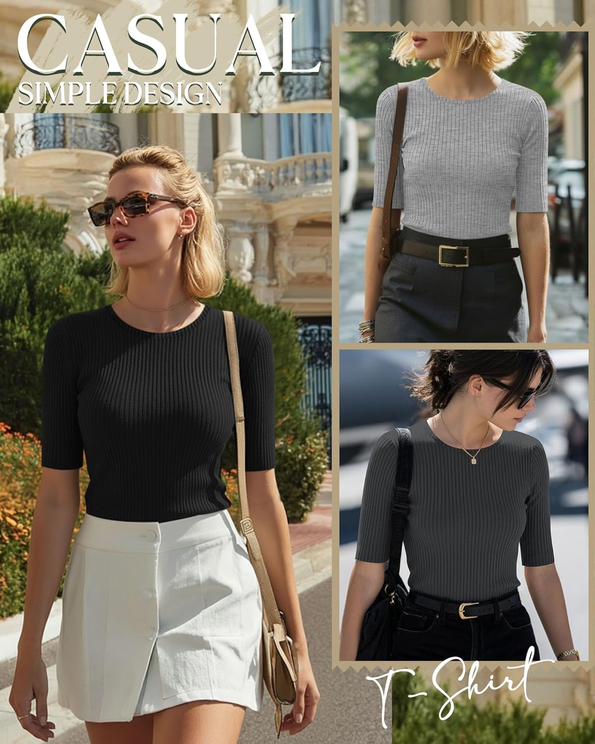 Riyiper 3 Pack Women's Half Sleeve Tops, Elbow Length Ribbed Cotton T Shirt Crew Neck Summer Tee Slim Fit Casual Blouses - Image 5