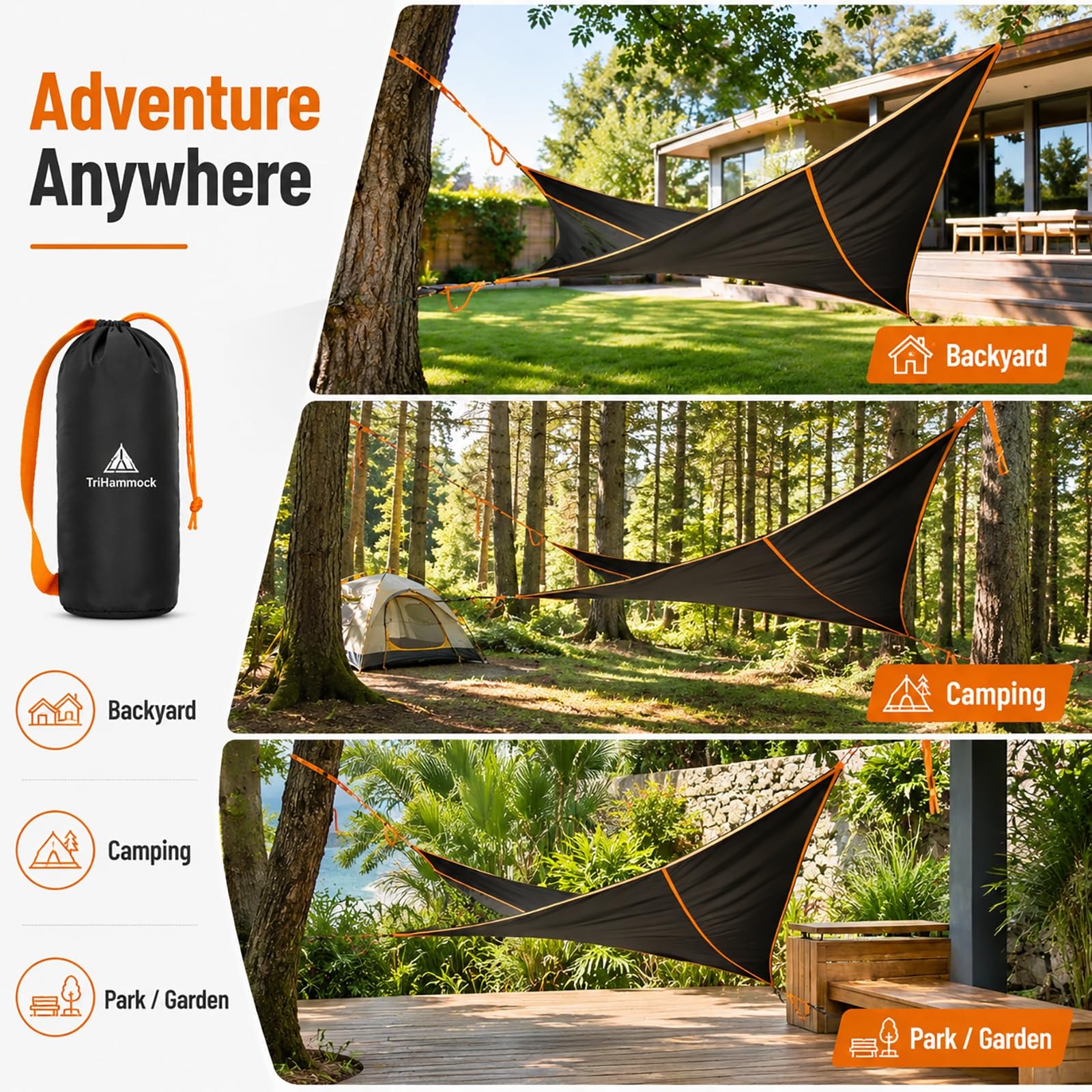 Générique Extra große dreieckige Camping Hängematte tragbares Baumzelt for mehrere Personen, inklusive Gurten und Aufbewahrungstasche, belastbar 227 kg schwebendes Design for Outdoor Abenteuer