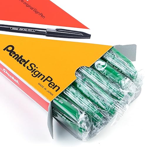 Pentel Sign Pen - Juego de rotuladores de punta sintética, tinta verde, caja de 12 (S520-D)