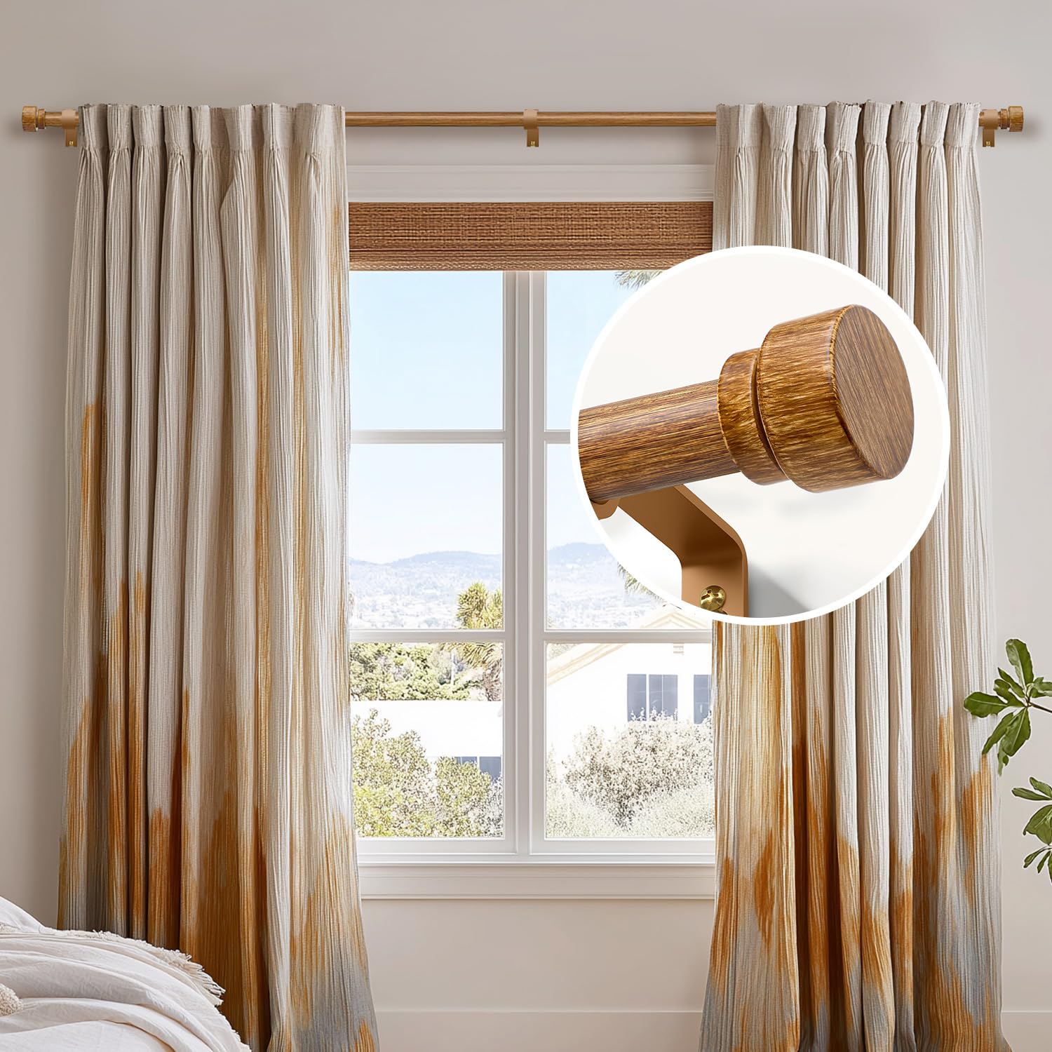 Barra Cortinas Extensible Con Acabado De Madera,Longitud Total 80-218 Cm, InstalacióN Mural,DiáMetro 25 Mm,Varilla MetáLica Gruesa,Apta Para Dormitorio, SalóN Y Cocina