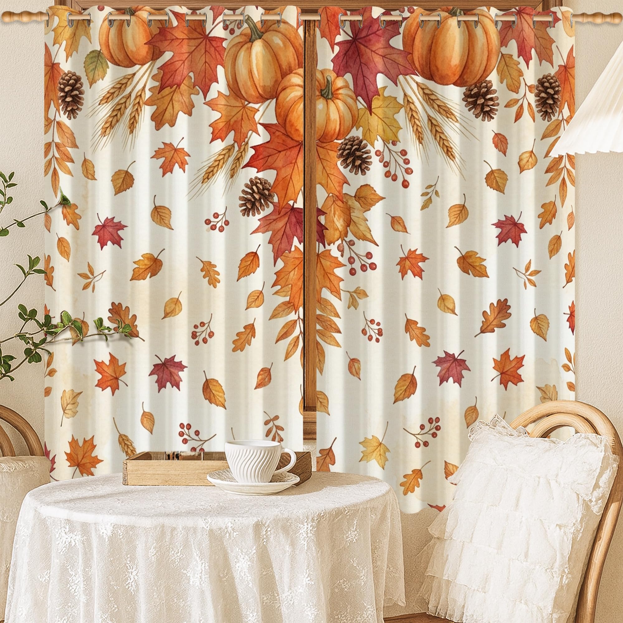 Rideaux occultants motif citrouilles feuilles érable blé pour chambre enfant 132x137
