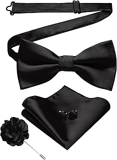 Pajarita de sarga para hombre en color liso con gemelos cuadrados de bolsillo y flores arreglo set de regalo para fiestas, negocios y bodas