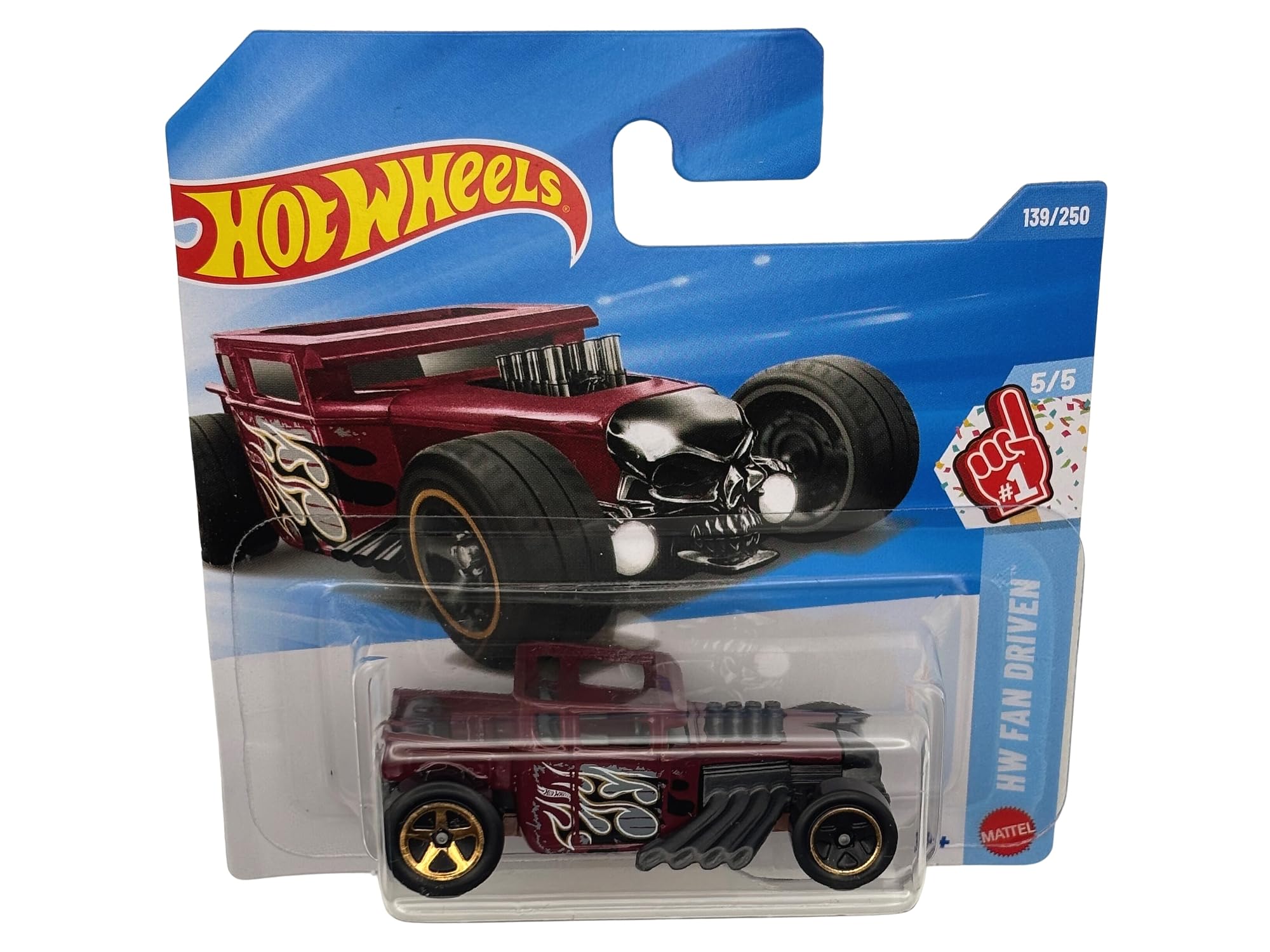Hot Wheels - Bone Shaker – HW Fan Driven 5/5 – JJJ92 – Short Card – czerwone wino – Mattel 2026 (139/250) – kultowy model Hot Rod Skull – 1:64