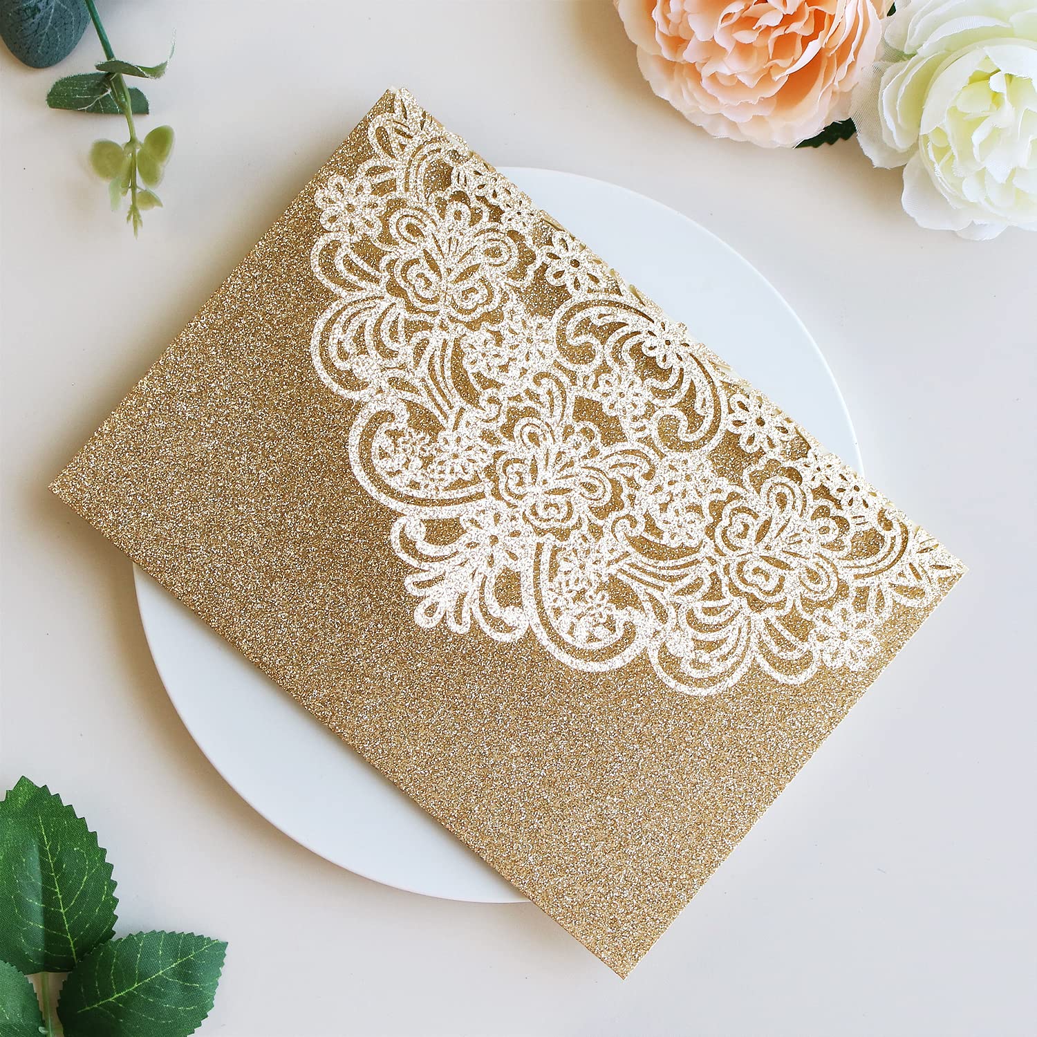 Hosmsua 20x Gold Dreifaltige Lasergeschnittene Einladungskarten Set mit Antwortkarte & Umschlägen, Gold Glitzer Floral Design Einladungen für Hochzeit Geburtstag Hochzeitsjubiläum & Feierlichkeiten