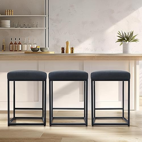 Miniatura 50 de Juego de 4 taburetes de bar marrones para encimera de cocina, taburetes de bar modernos sin espalda de 24 pulgadas, taburetes de bar industriales