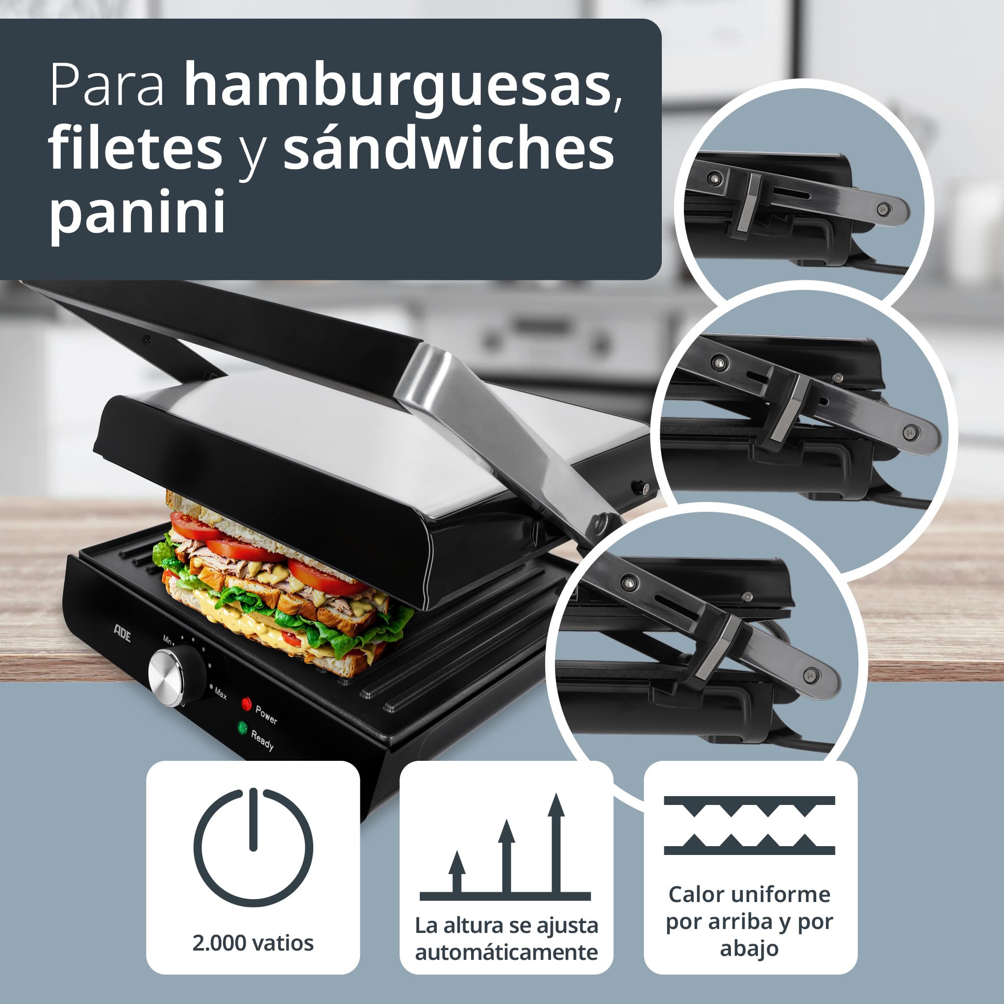 ADE Parrila eléctrica | sandwichera 3 en 1 | parrilla y plancha de cocina antiadherente | grill de mesa para sandwiches, panini, verdura | grill de 2.000 vatios | negra
