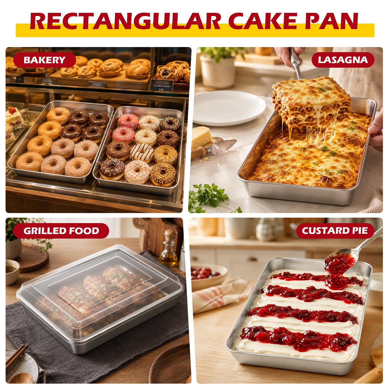 Leonyo Backform mit Deckel, 4er-Set, 30,5 x 24,9 x 5,1 cm, tiefe Edelstahl-Kuchenform zum Backen, rechteckiges Lasagneblech für Focaccia, Brot, Brownies, Aufläufe, Refrige & ofenfest