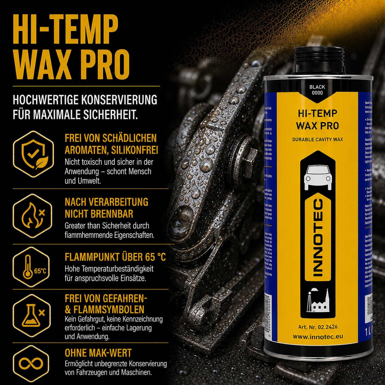 4 Stück Innotec Hi-Temp Wax Dry Schwarz - Next Level Konservierung für Automotive & Industrie - Idealer Unterbodenschutz und Hohlraumkonservierung - Rostschutzmittel für Fahrzeuge - 1 Liter Dose