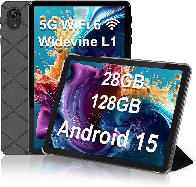 SANNUO Tablet 10 Pulgadas, Tablet Android 15, 28GB RAM+128GB ROM (2TB Ampliable), Octa Core, WiFi 6, Widevine L1, 5MP+13MP, 6000mAh, Face ID, Bluetooth 5.0, Jack 3.5mm, GPS, Tableta con Funda - Negro