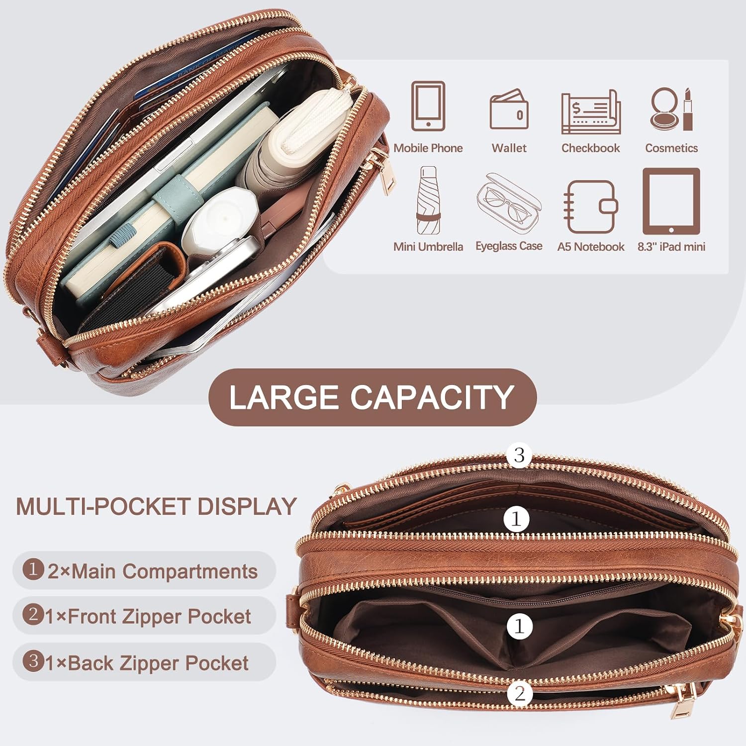 Crossbody Bag for Women Leather Purse Anti Theft Multi Pockets Wide Adjustable Strap Shoulder Handbag RFID Blocking