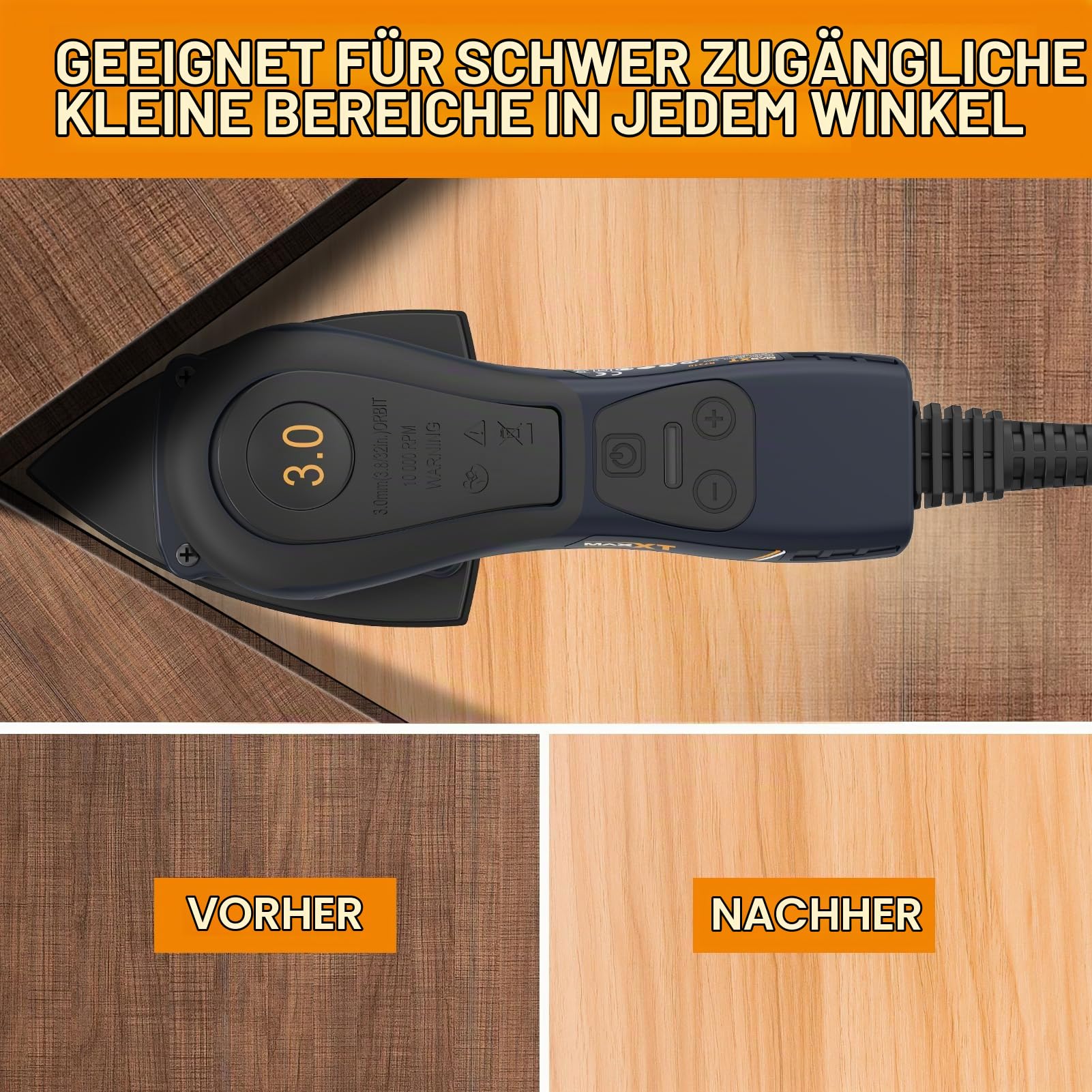MAXXT Profi Bürstenloser 3mm Dreieck-Schleifer - 350W Starker EC Motor, Geschwindigkeitsregulierung, Lieferung Mit 10 Premium Schleifpapieren Für Präzisionsschleifen Von Holz