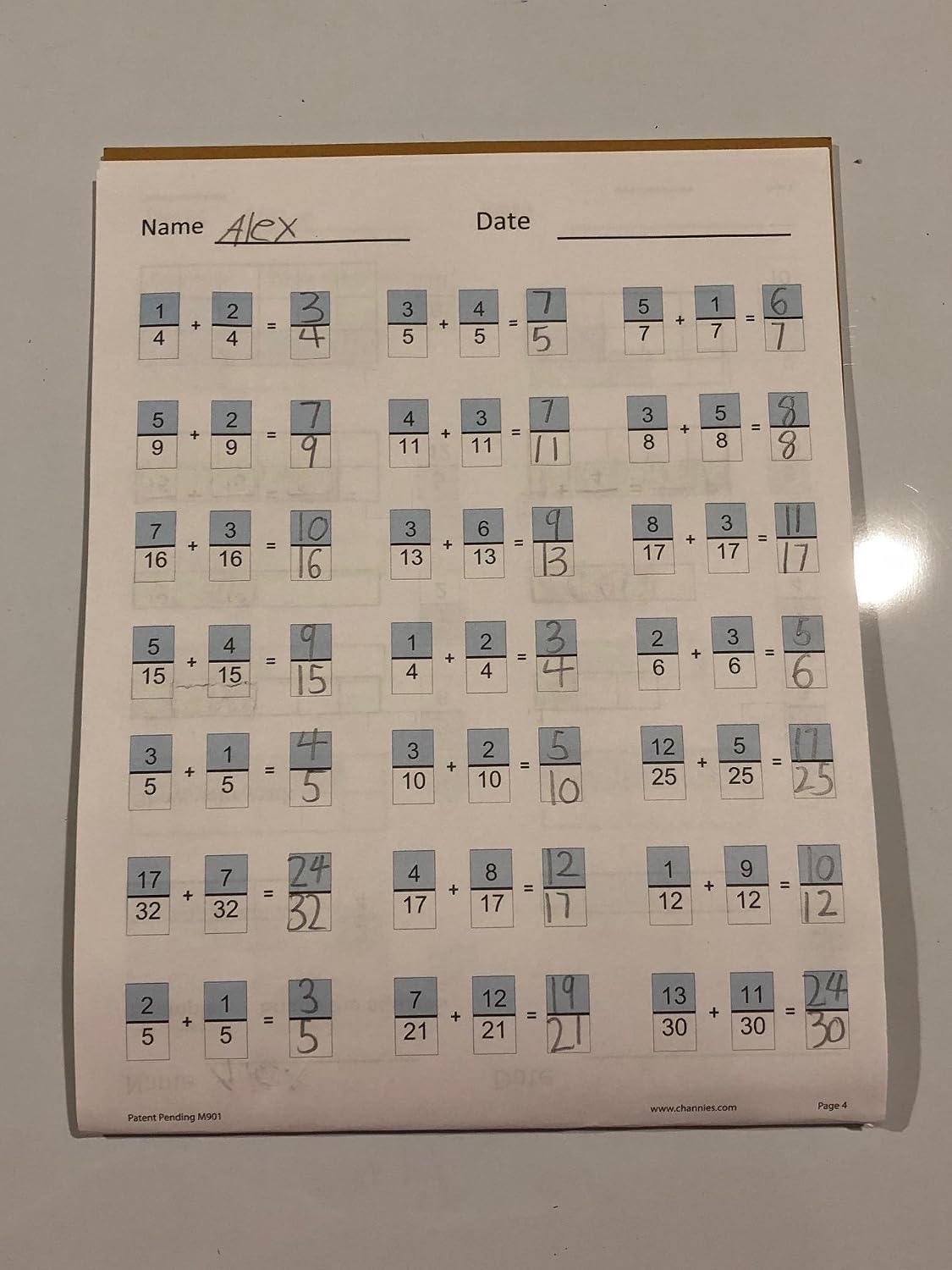 Channie’s One Page A Day Workbook, Beginner Single Digit Fraction Math Practice Worksheets, 50 Pages Front & Back, 25 Sheets, Grades 3rd, 4th, and 5th, Size 8.5” x 11” Summer School, Summer Bridge