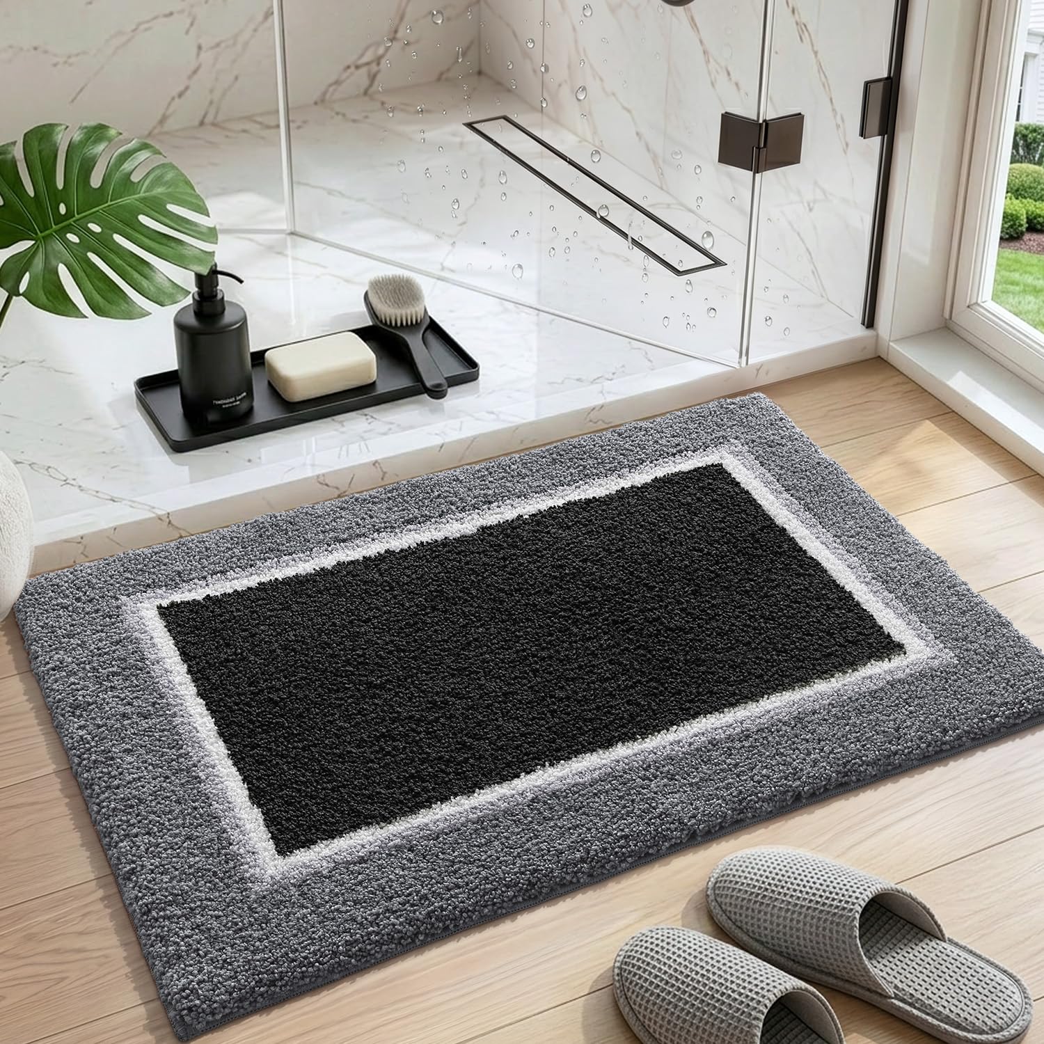 DEXI Badezimmerteppich, saugfähig, extra weich, Mikrofaser, Badematte für Badezimmer, rutschfest, waschbar, schnell trocknend, für Duschboden, Waschbecken, Badewanne, Waschküche, Schwarz und Grau, 109