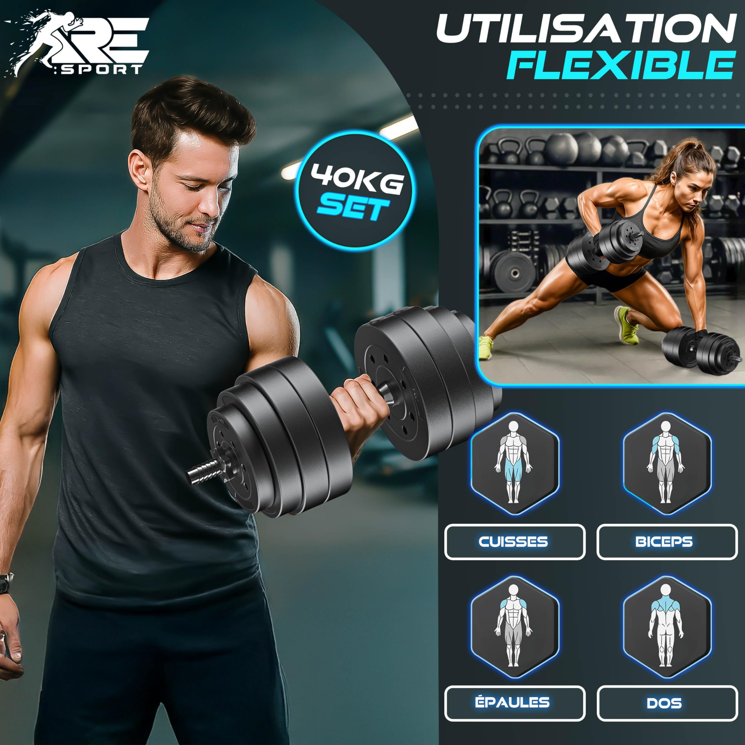 RE:SPORT Lot de 2 haltères réglables 15, 20, 30, 40 kg, avec 2 haltères, avec poids et 4 fermetures en étoile, Kit pour le développement musculaire, l'entraînement et la maison