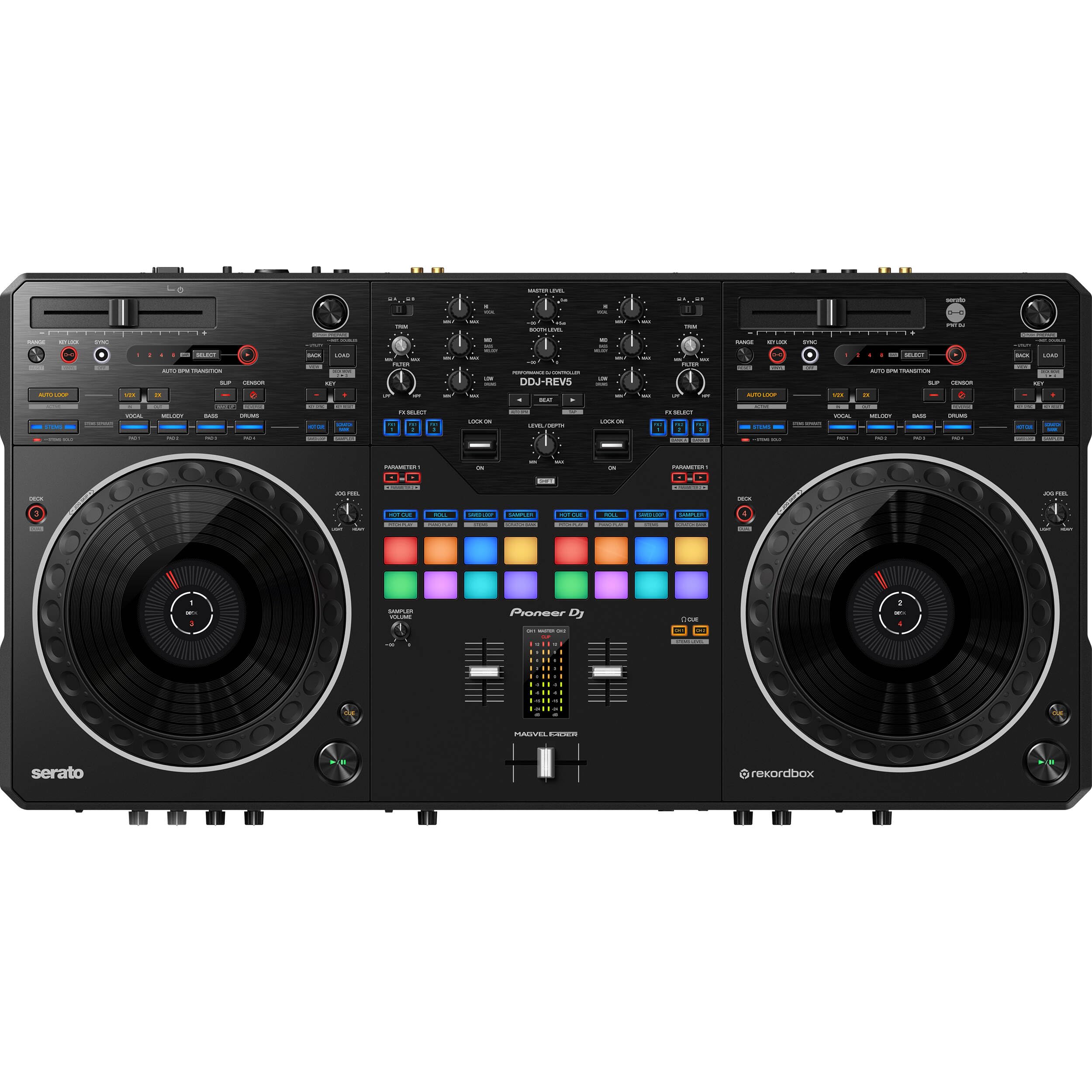 Pioneer DDJ-REV5 4-deck DJ Controller with Cans50 Professional Headphones and LPT5000 Laptop Stand