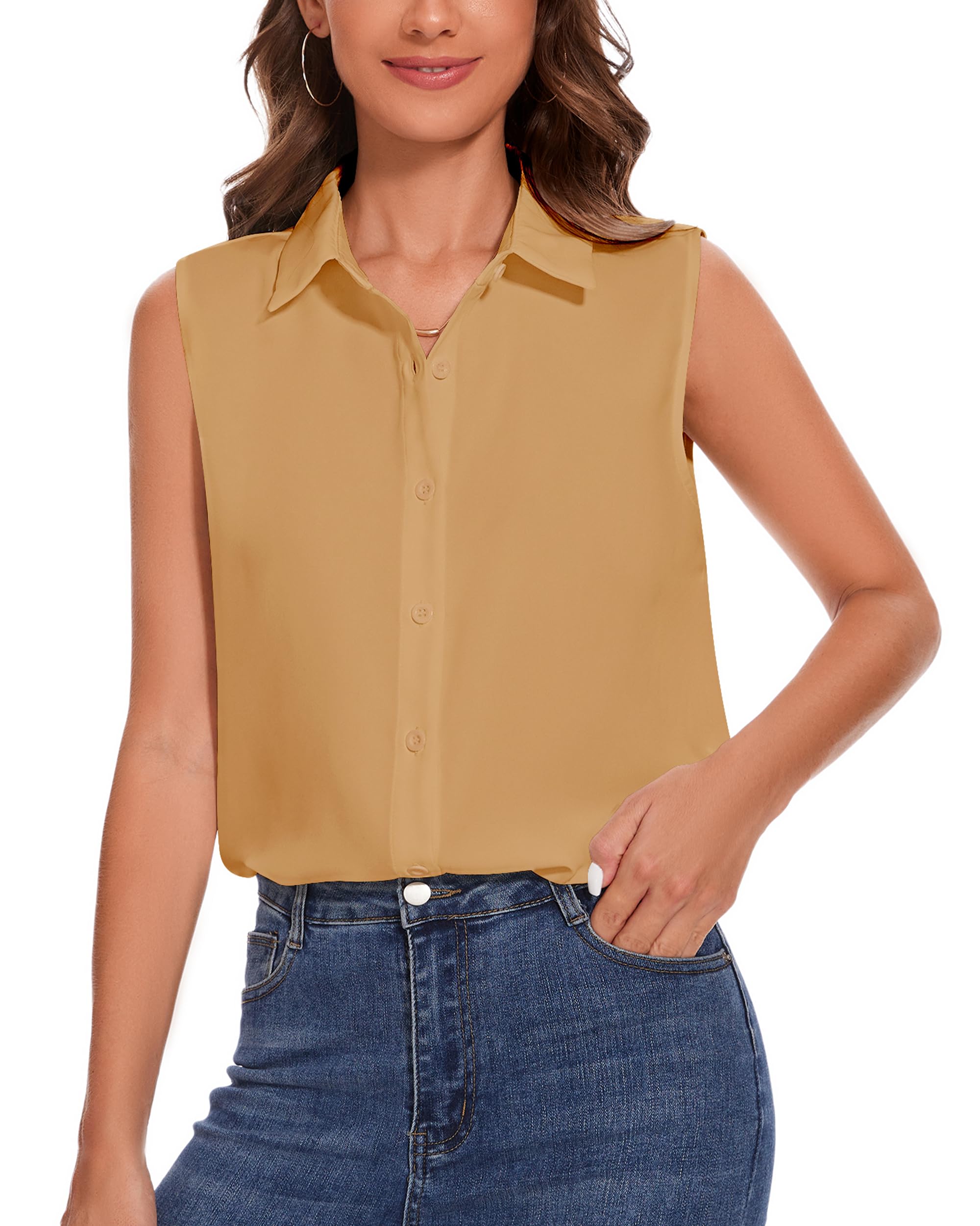 YAMANMAN Womens Sleeveless Button Down Shirt Classic Casual Collared Blouse Basic Tank Tops Work Office Chiffon Tops