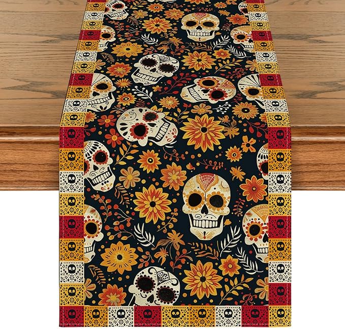 Artoid Mode Sugar Skull Yellow Daisy Day of The Dead Table Runner, Dia De Los Muertos Mexican Kitchen Dining Table Decoration for Home Party Decor 13x72 Inch
