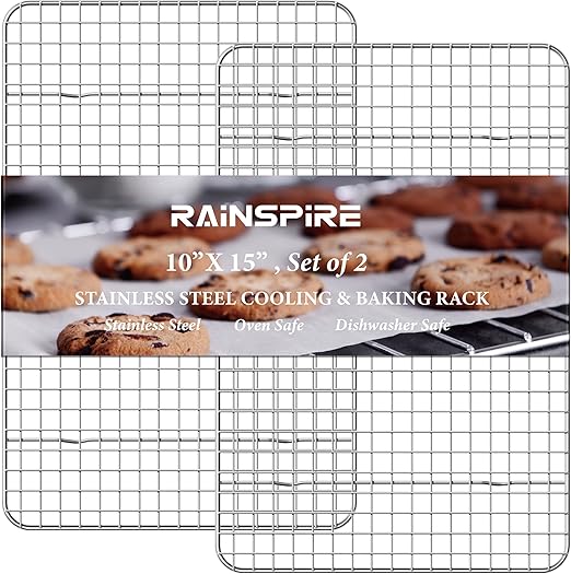 Rainspire 2-Pack Cooling Rack 10" x 15" Stainless Steel Heavy Duty Cooling Racks for Cooking and Baking Oven Safe Wire Rack for Cooking Baking Rack for Oven Cooking Fits Jelly Roll Pan