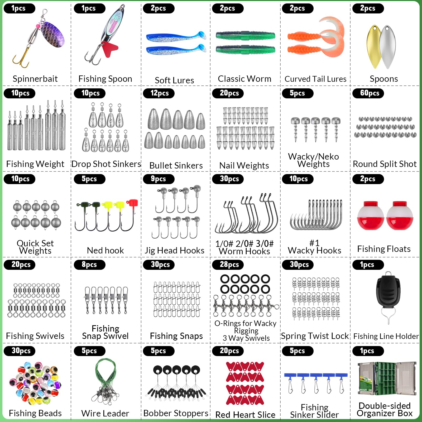 THKFISH Kit di accessori da pesca da 375 pezzi, scatola organizzata su entrambi i lati con attrezzatura da pesca inclusa esche da bagno, ami da pesca, piombini per pesi, attrezzatura da pesca per