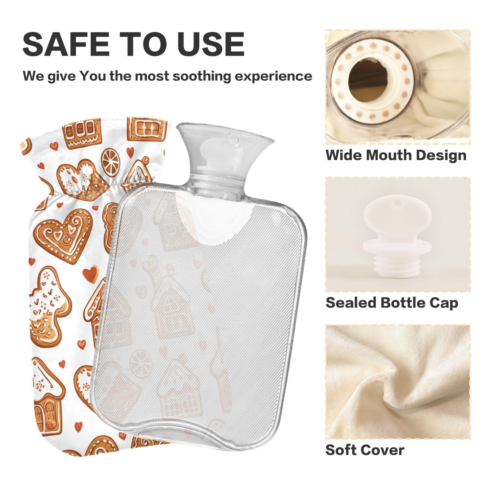 YNNALE Cute Christmas Cookies Brown and White Hot Water Bottle with Cover, 2Liter Soft Velvet Winter Warm Water Bag for Neck and Shoulder Pain Relief Period Cramps Bed Hand Feet Warmer