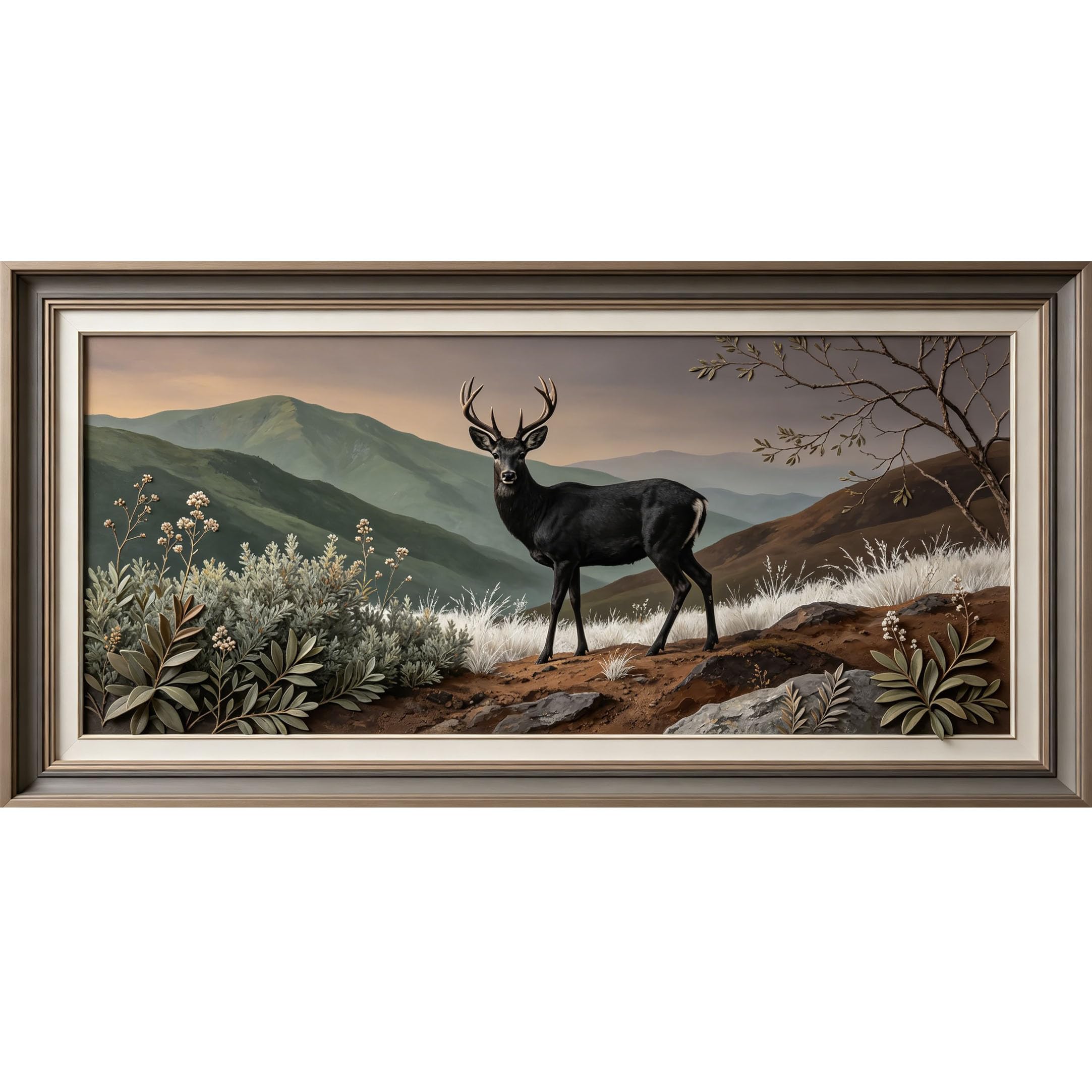 Agglomerix 3D Framed Wall Art Deer Mountain Landscape 3D Trompe l'oeil Large Size SelfAdhesive Removable Wall Decor Prints Artwork for Living Room Bedroom Office
