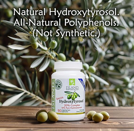 Island Nutrition 20% Hydroxytyrosol Complex from Real Olives, Made in Spain | No Synthetic Polyphenols, 100% Grown & Extracted in Spain, 90 Capsules, 100 mg, Spanish Hydroxytyrosol Supplement, No Oil